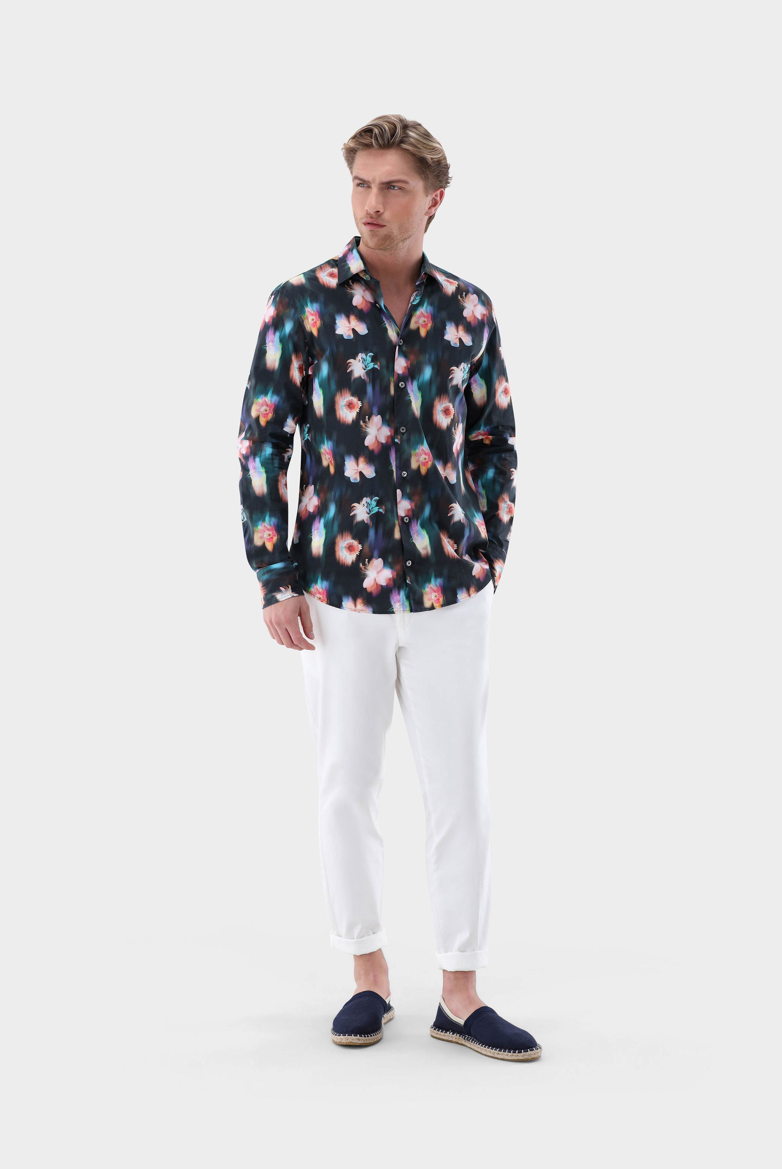 Popeline Hemd mit Blumen-Druck Slim Fit günstig online kaufen