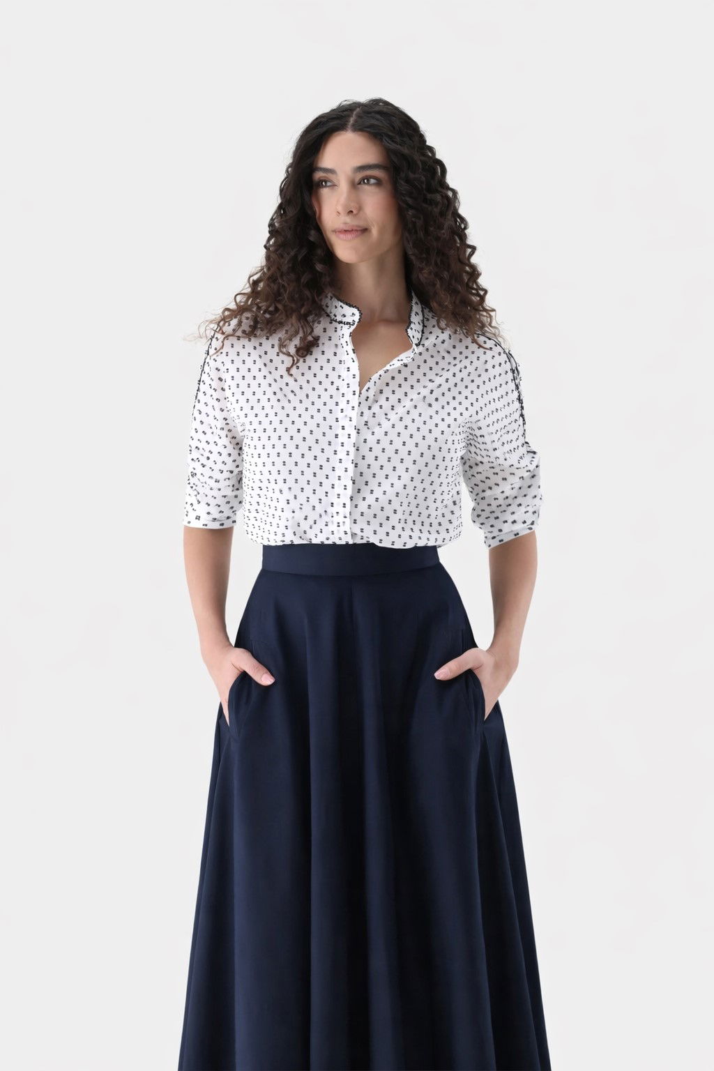 Stehkragen-Bluse aus Bauwoll-Plumetis