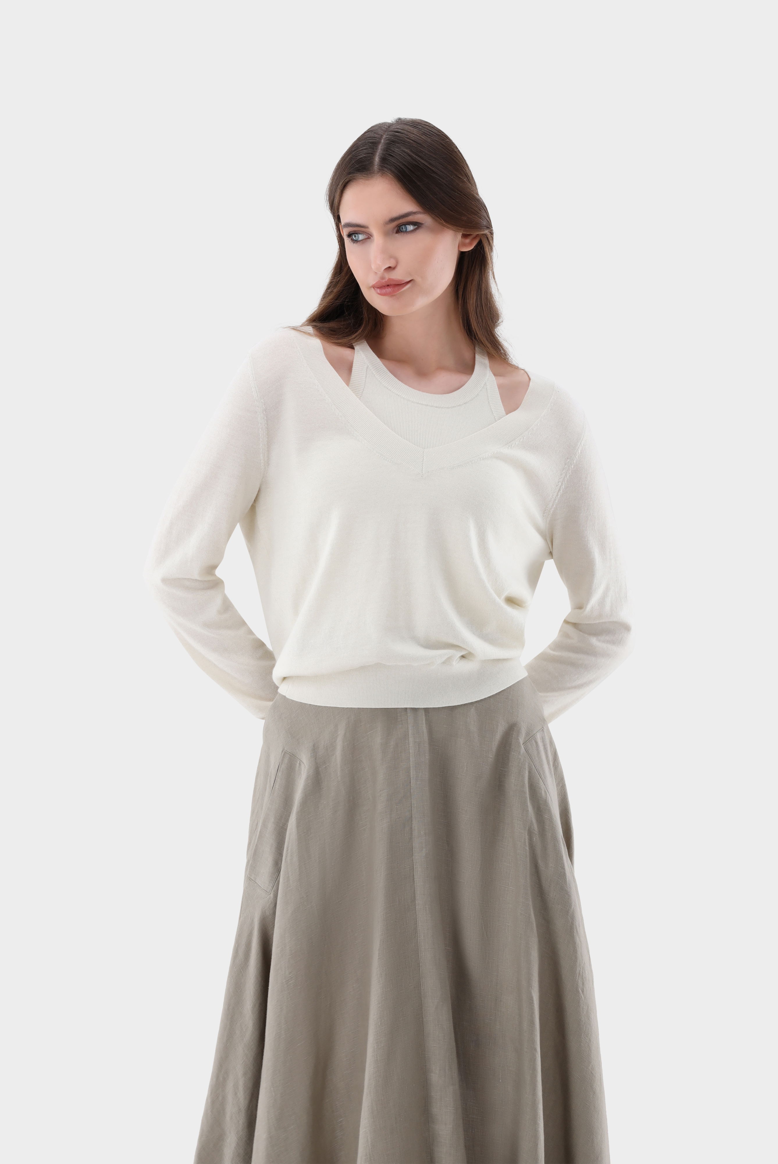 Pullover mit V-Ausschnitt aus Merino und Lamé