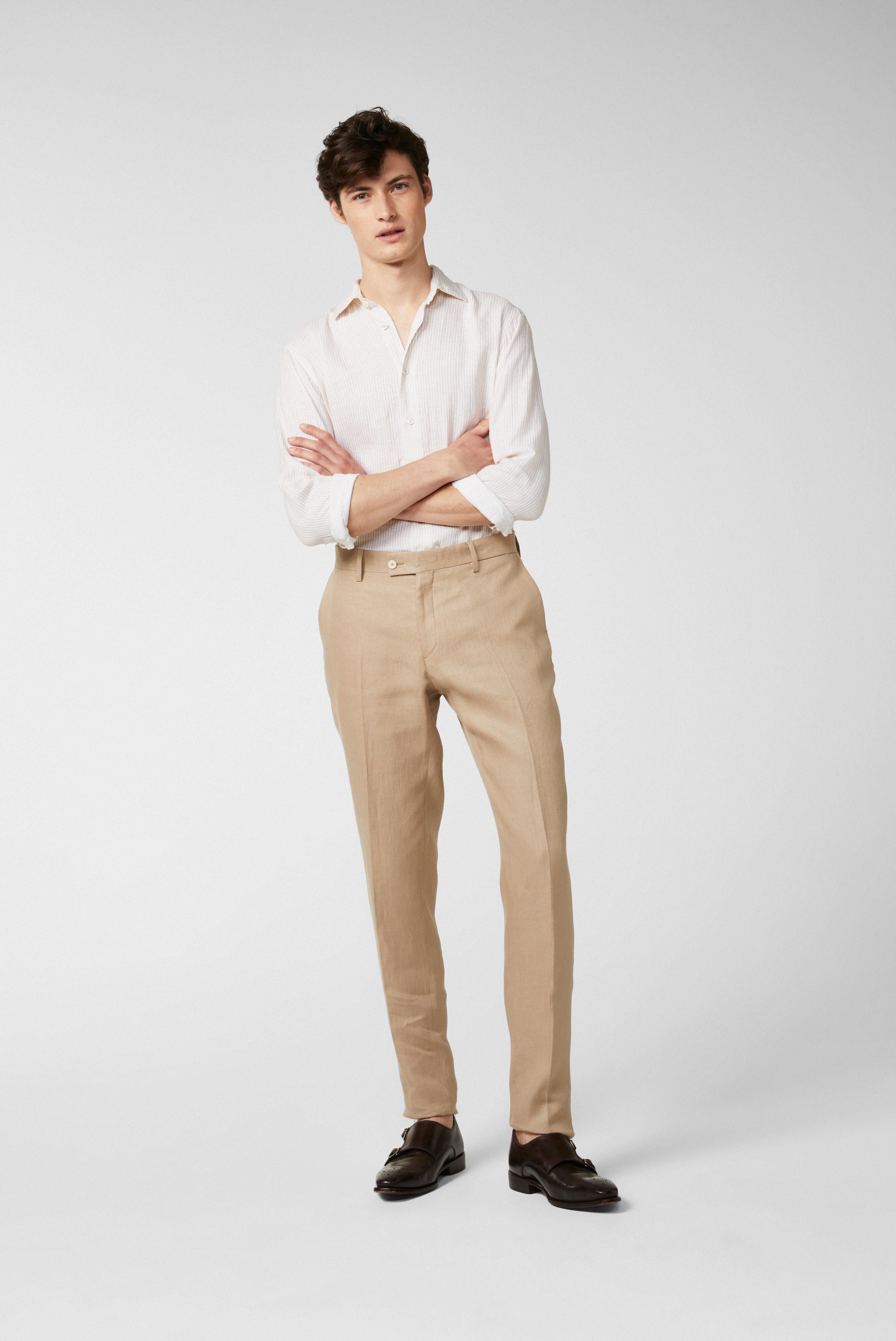 Slim-fit trousers in textured linen fabric beige