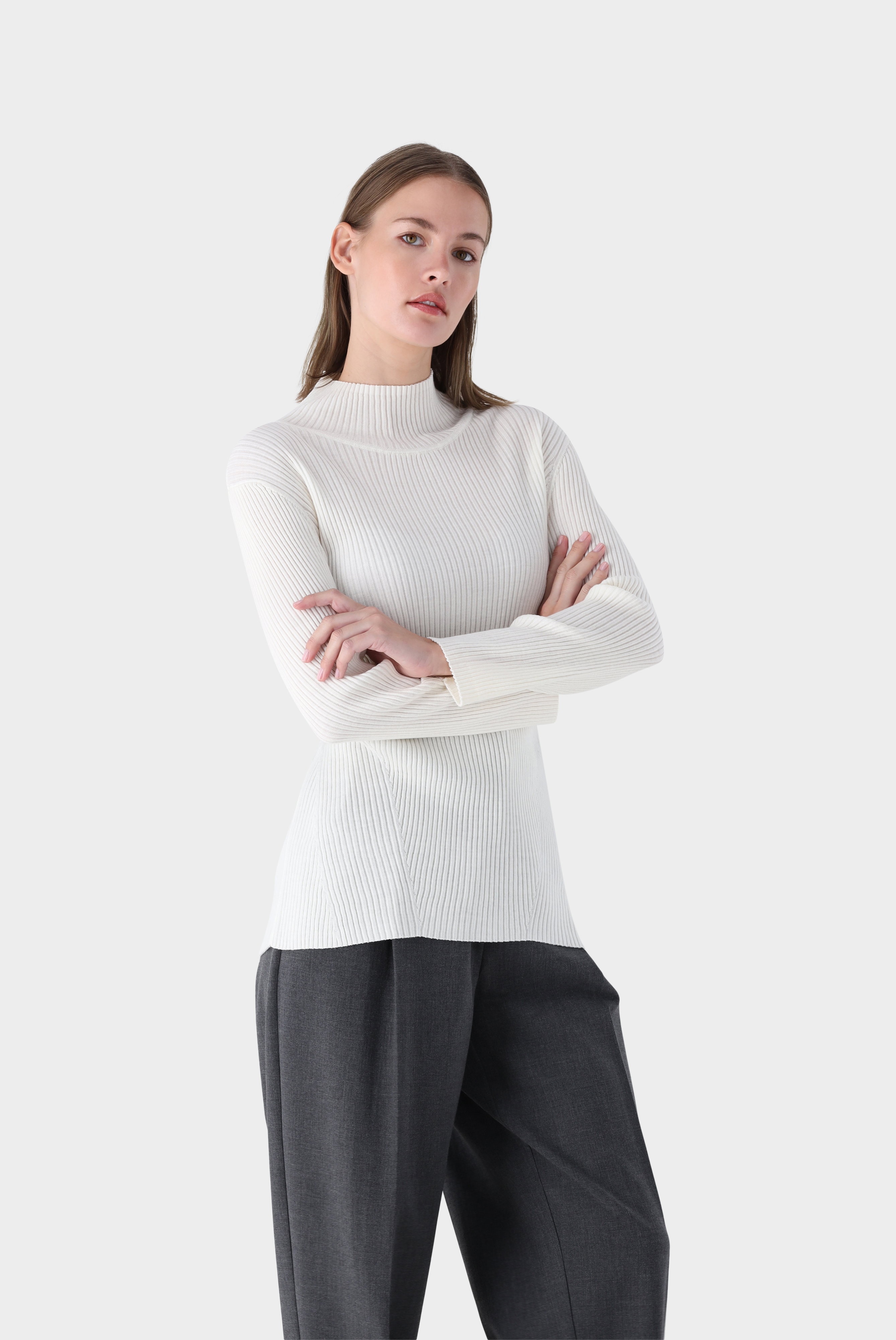 Gerippter Stehkragen-Pullover aus ultrafeiner Merinowolle