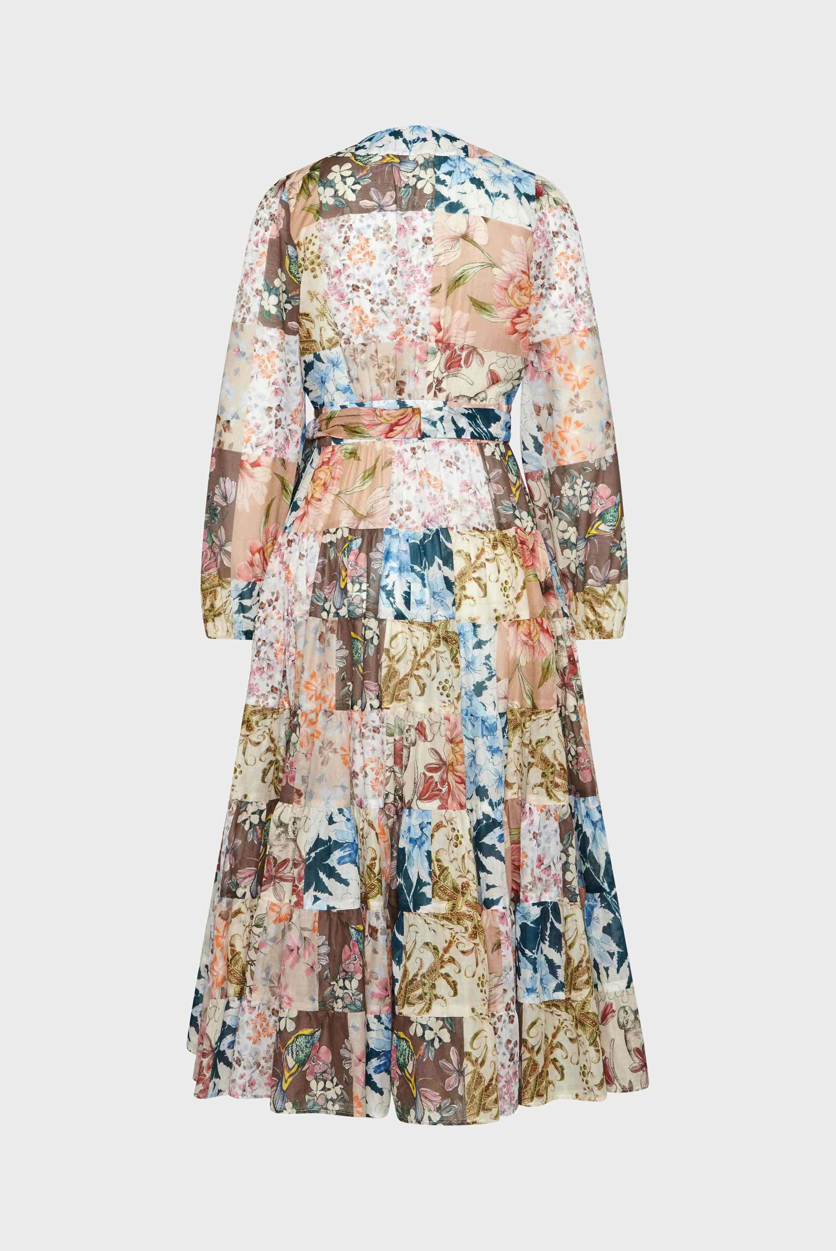 Dresses & Skirts+Midi wrap dress with puff sleeves and floral patchwork print+05.657A.52.P70157.115.36