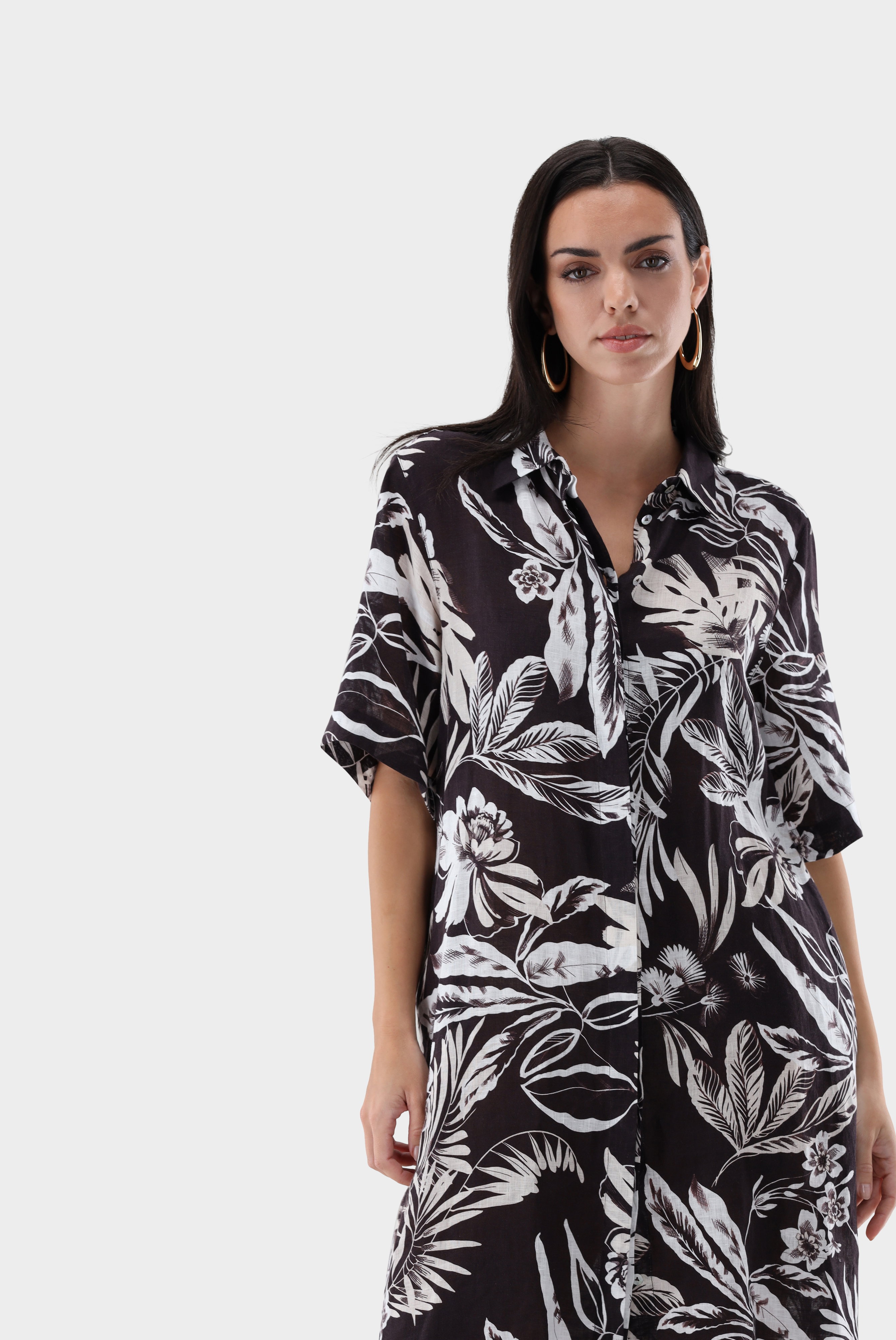 Shirt dress linen with palm print