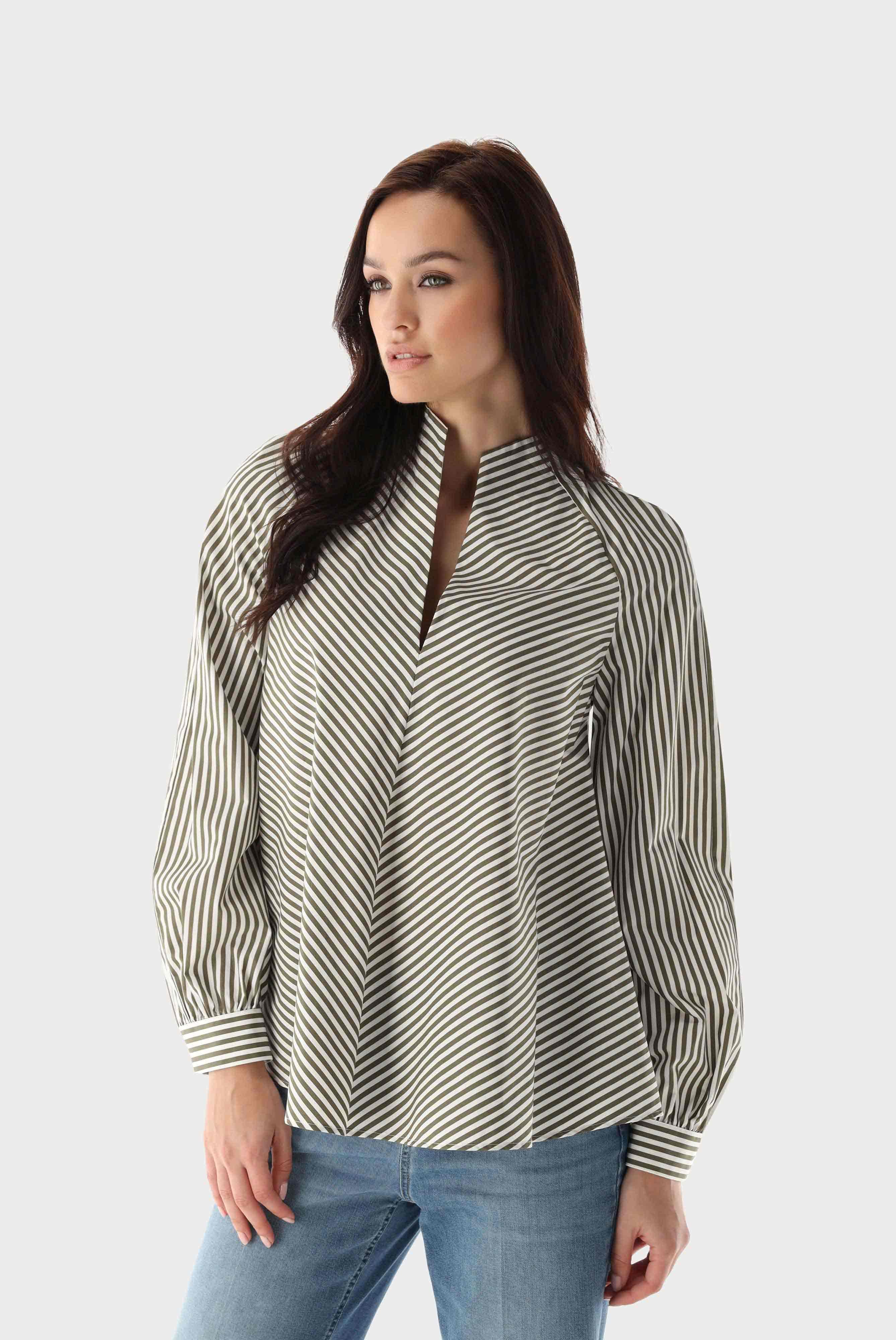 Poplin Chalice Collar Blouse with Stripes
