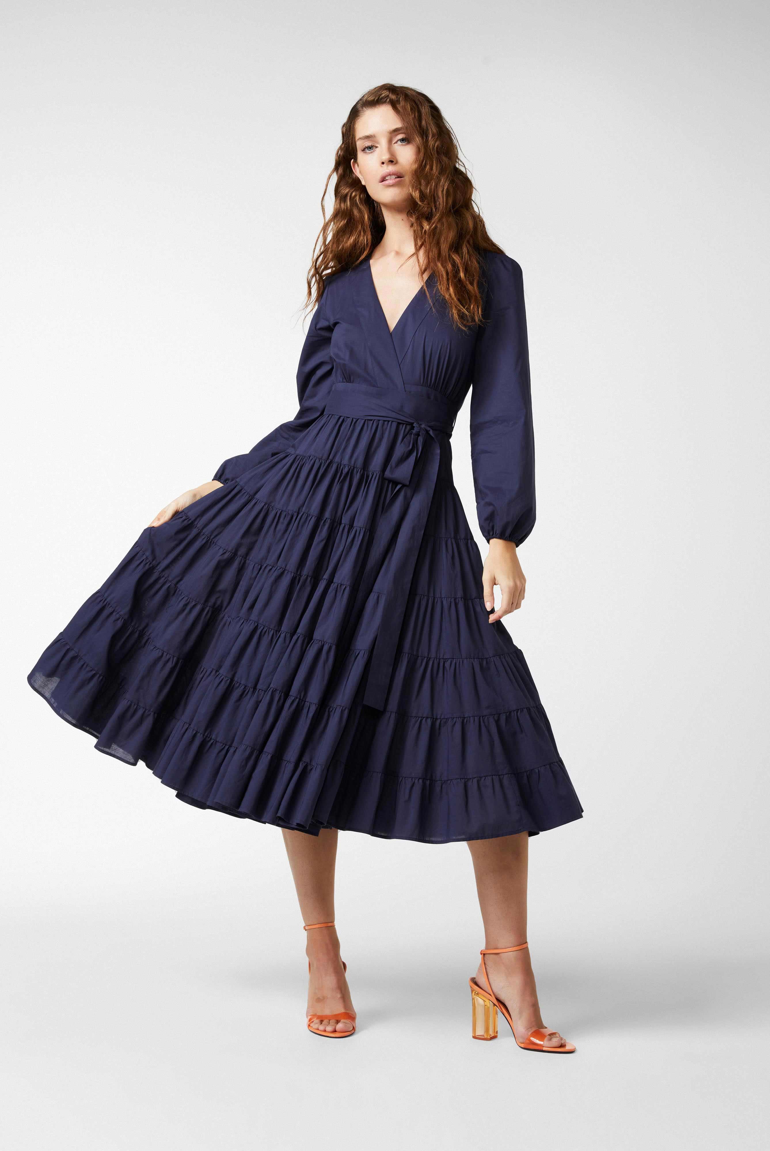 Dresses & Skirts+Midi wrap dress with puff sleeves made of cotton batiste+05.657A..160127.785.36