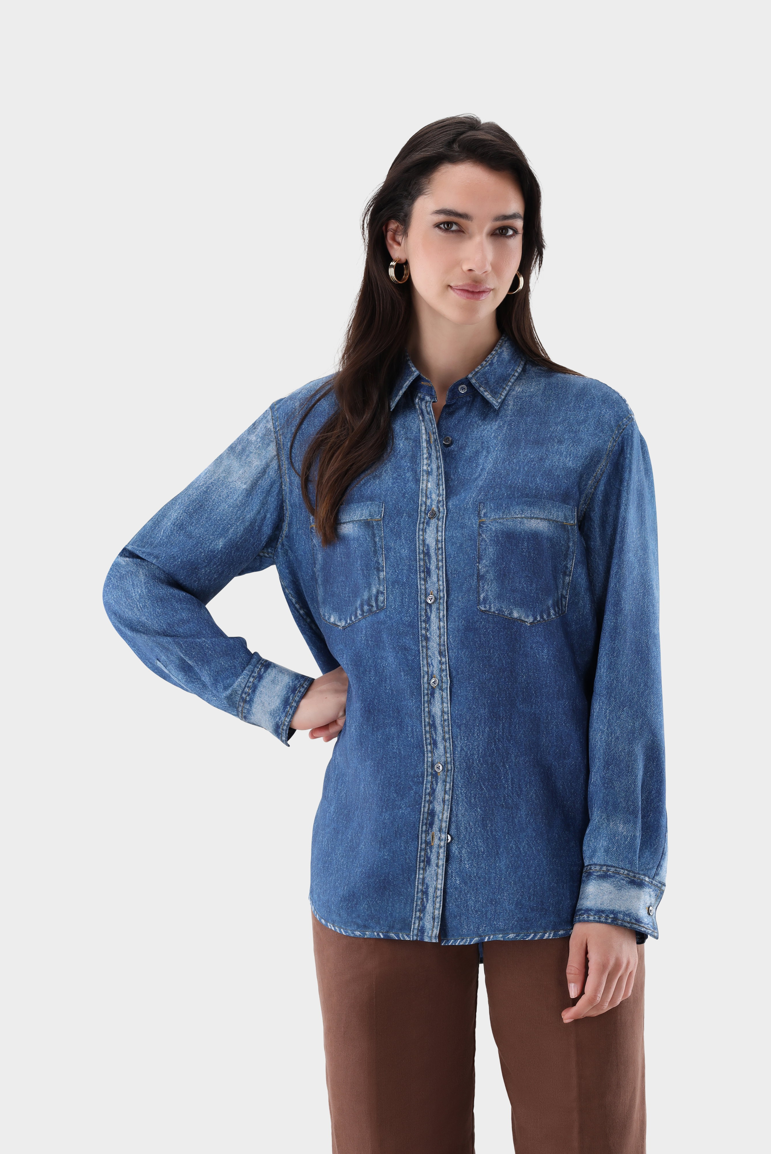 Hemdbluse aus Seide mit Denim-Print