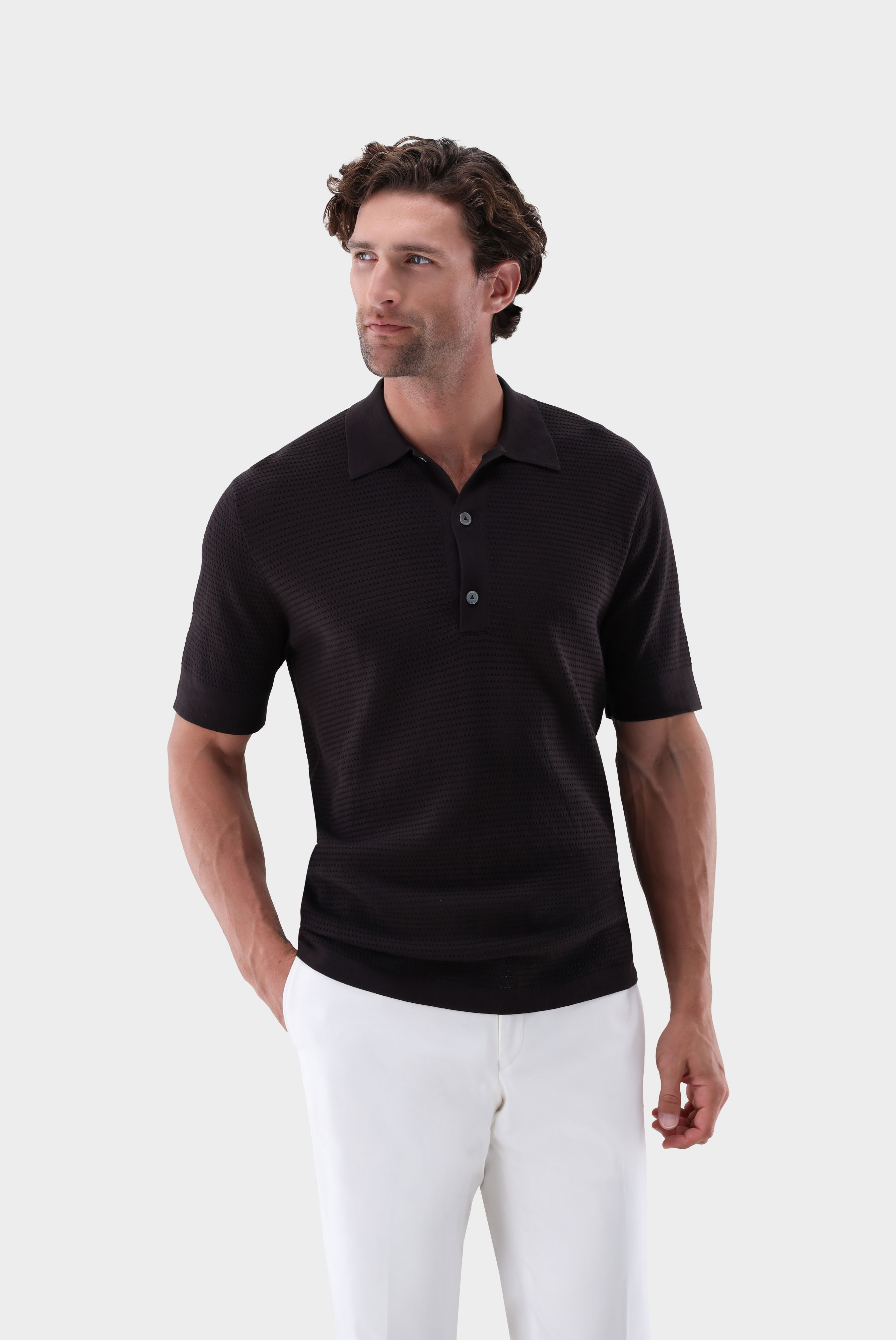 Knit Polo Shirt with Mesh Structure in Air Cotton
