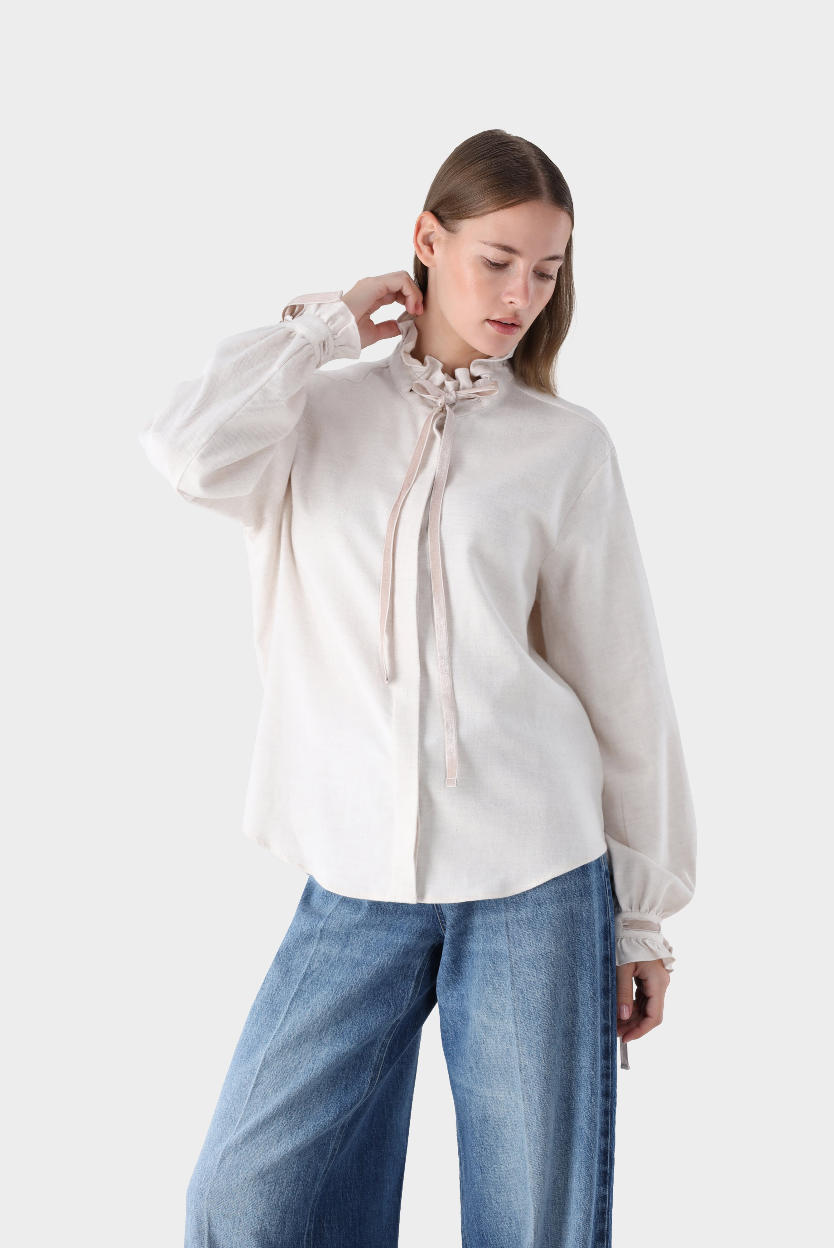 Flanellbluse mit Rüschen-Stehkragen