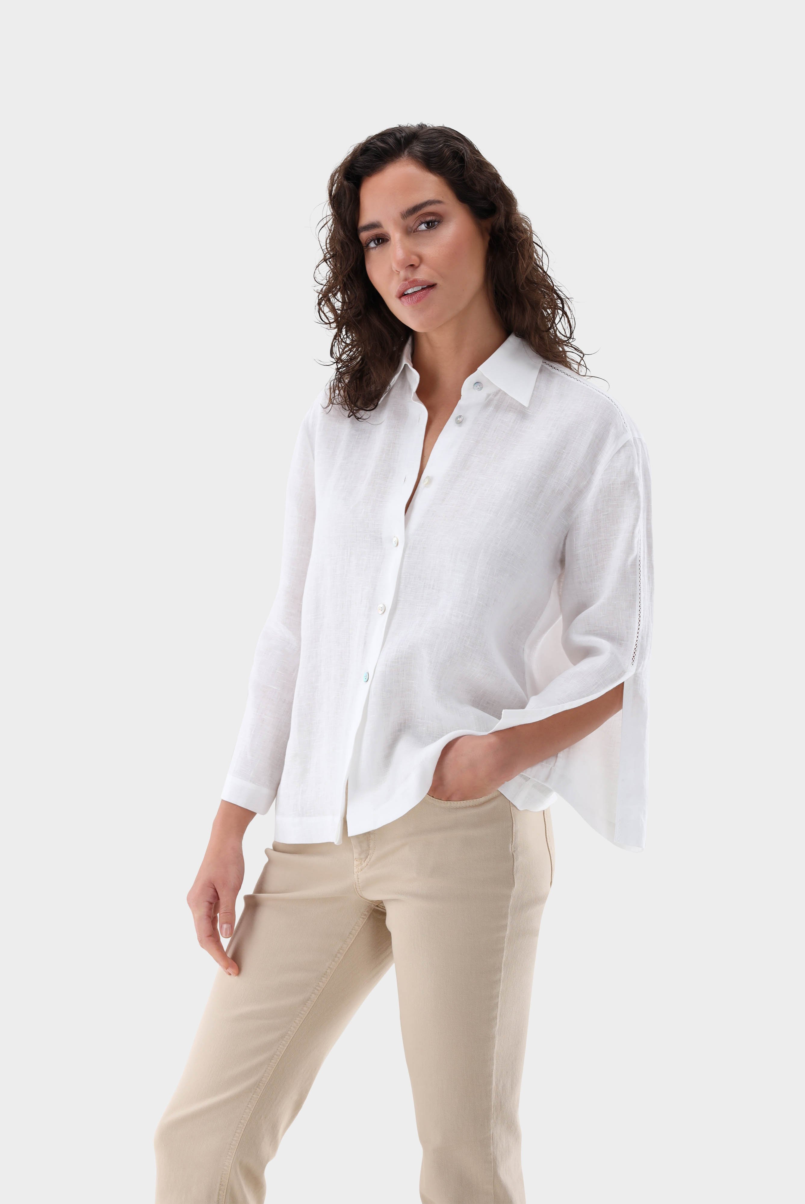 Boxy Linen Blouse with Lace Inserts