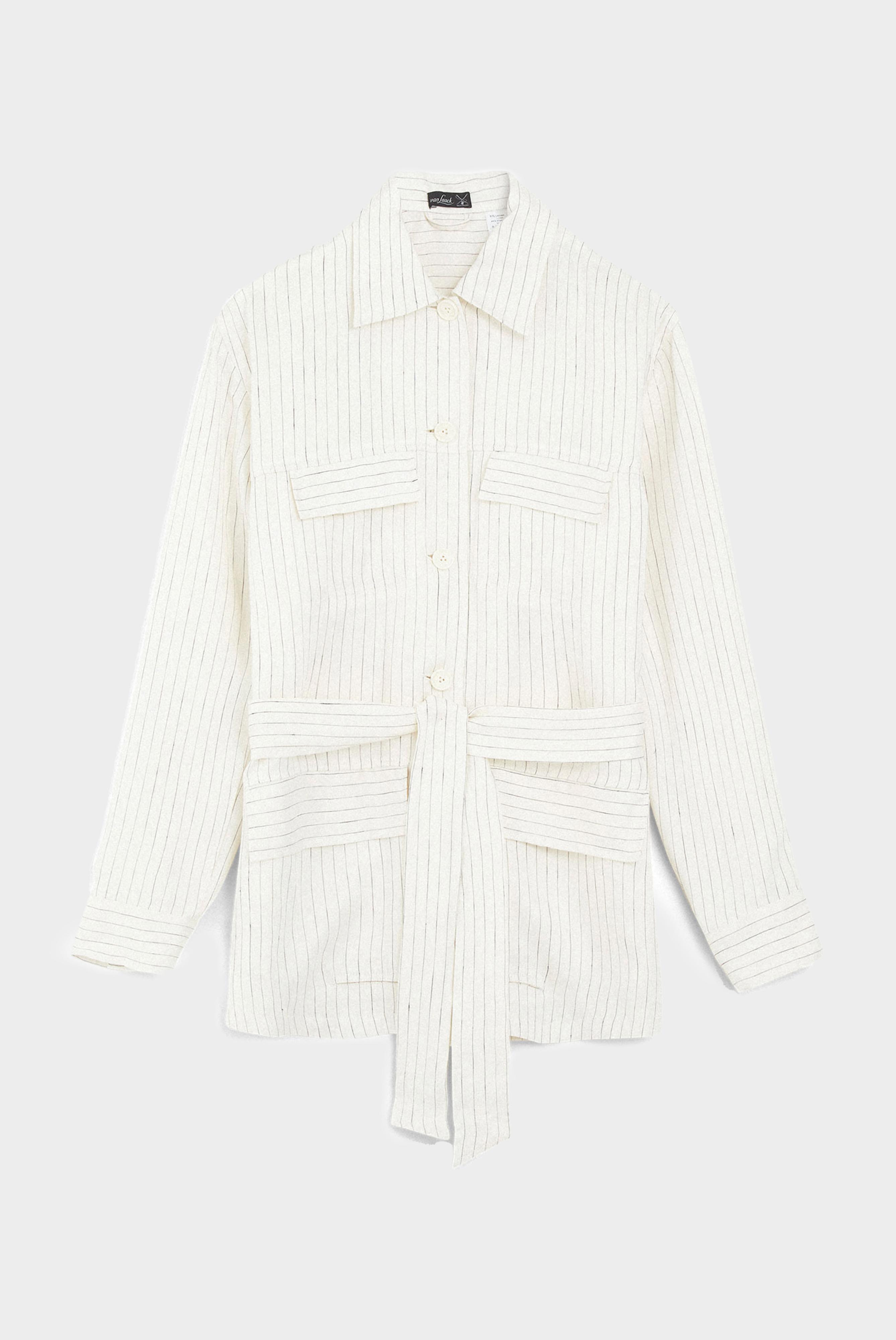 Safari Hemdjacke aus Leinen, mit Pattentaschen und Gürtel, beige mit Nadelstreifen