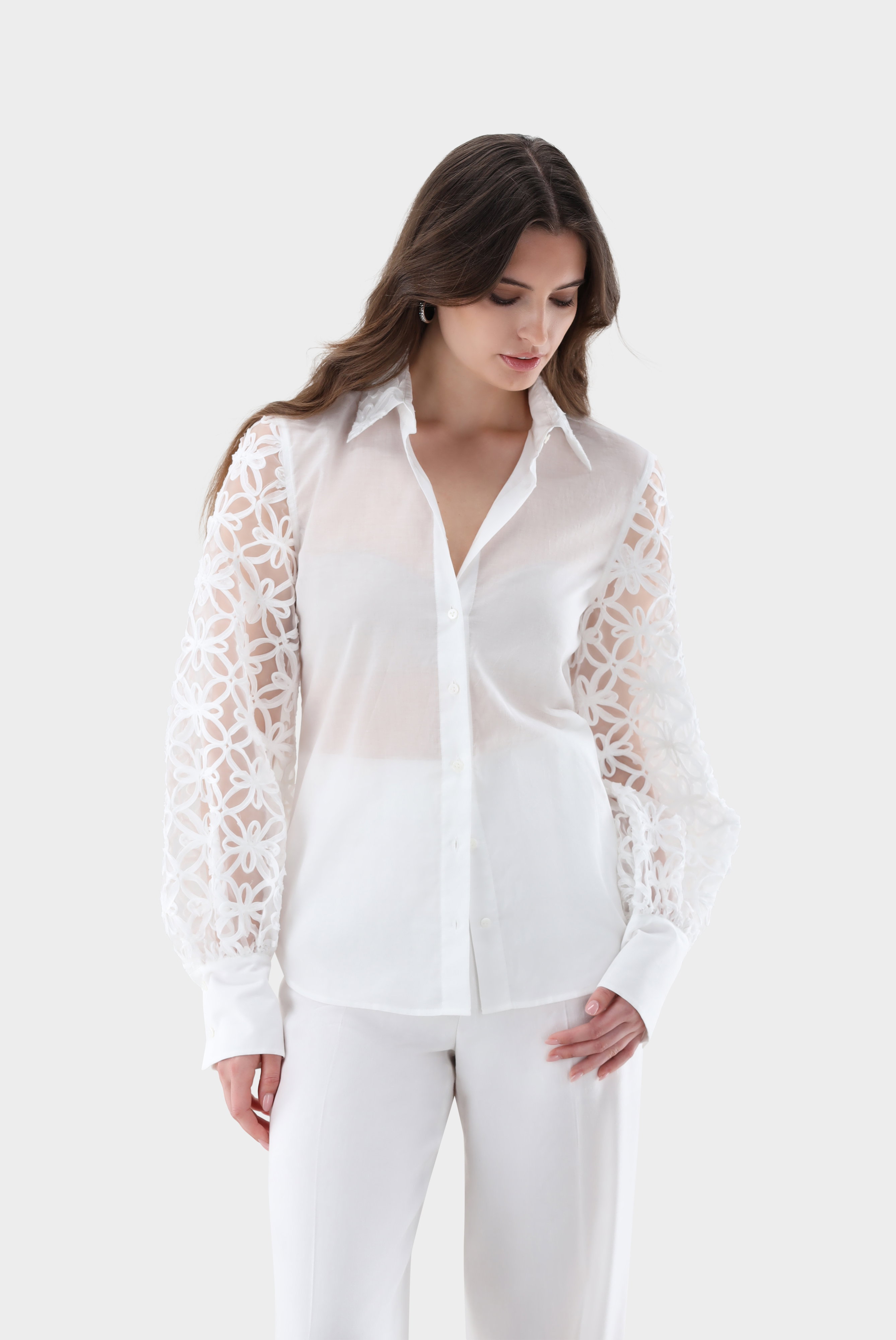 Shirt-style blouse with embroidered organza sleeves