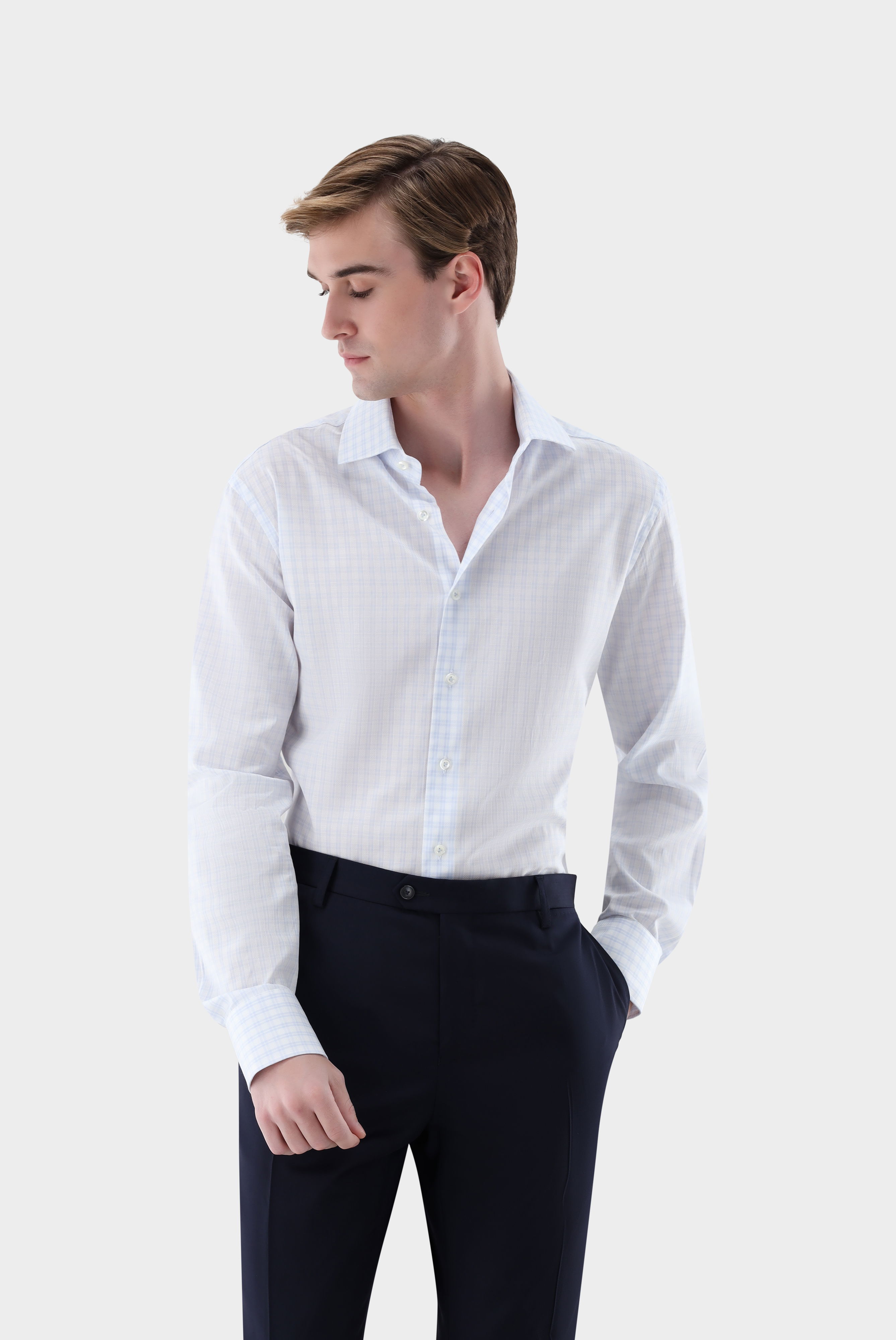 Checked business shirt made of dobby fabric with shark collar