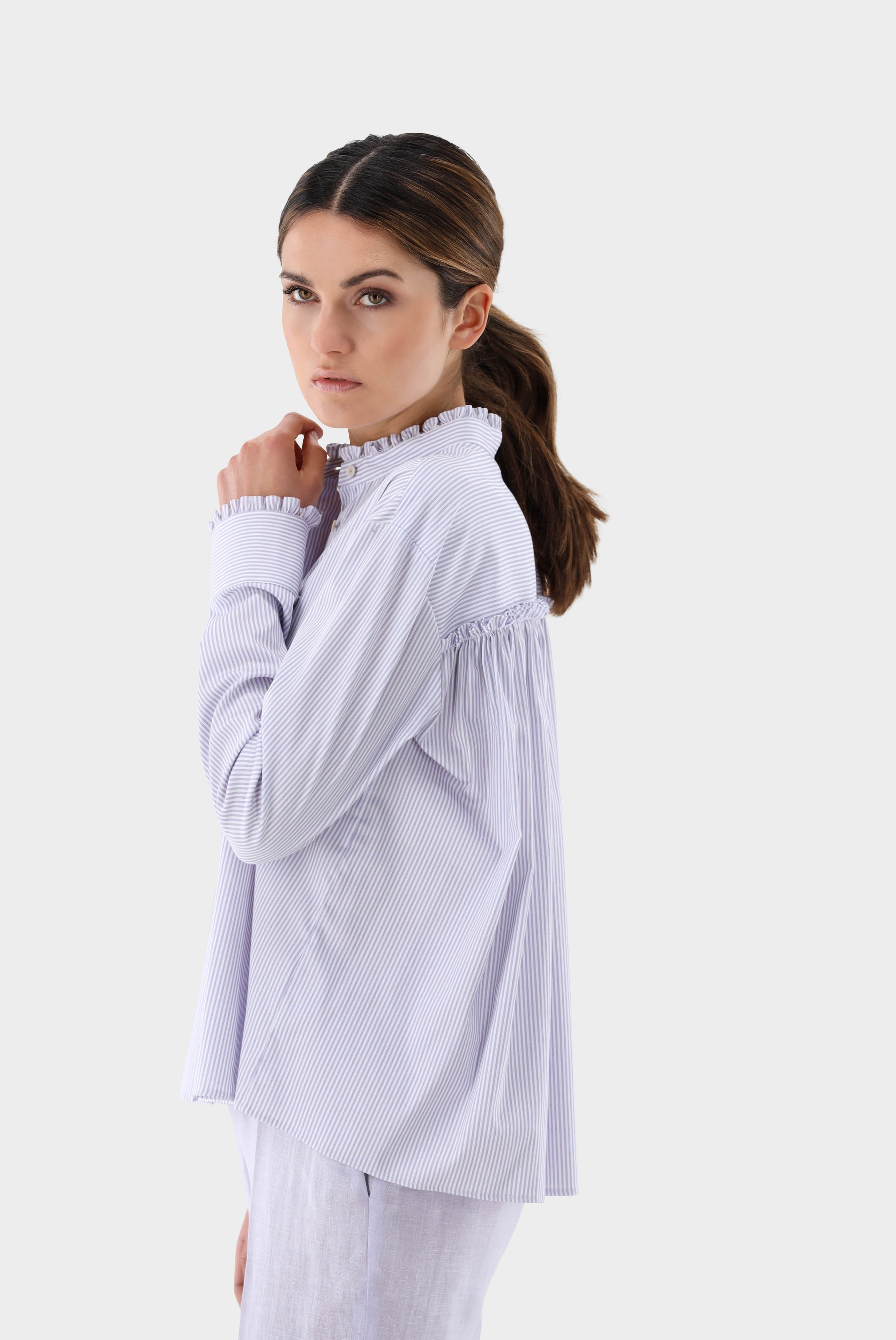 Standup Collar Blouse with Ruffles and Stripes