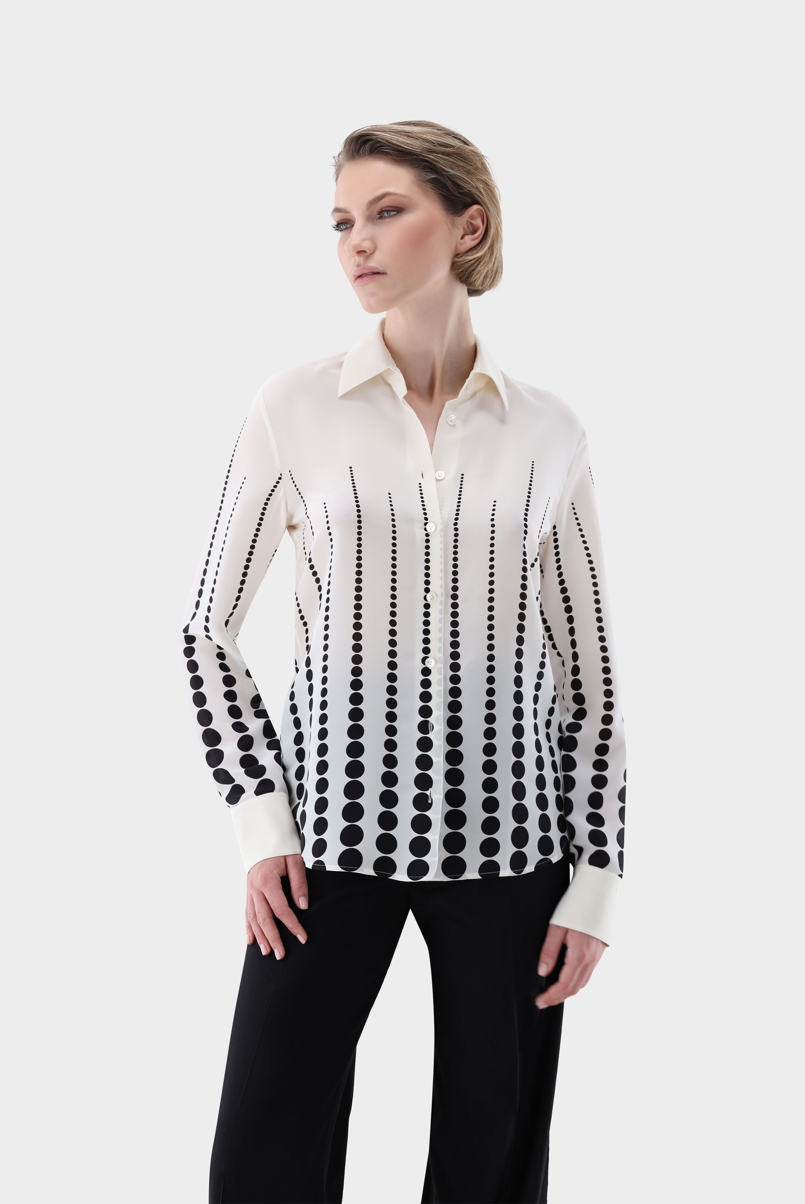 Shirt blouse with silk and placed dot print
