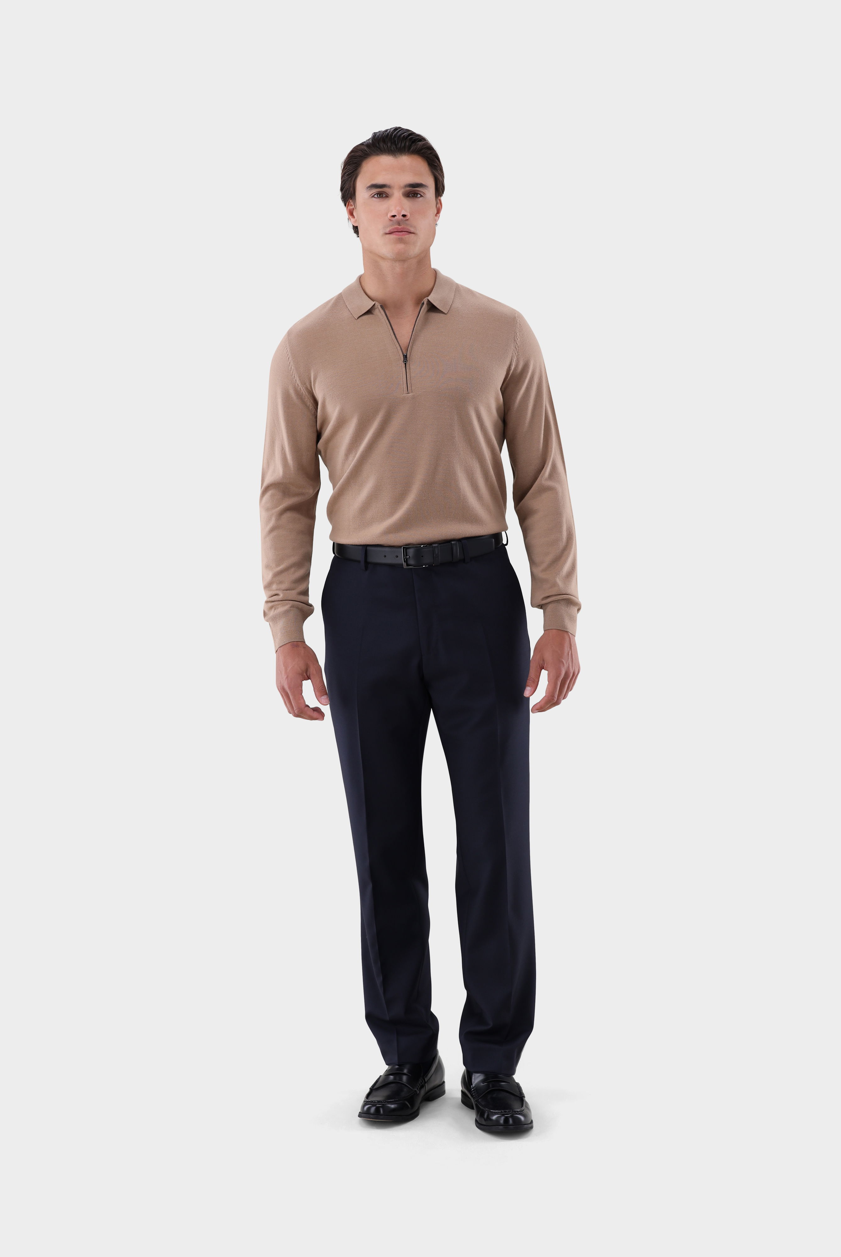 Poloshirt Langarm mit Reißverschluss aus merzerisierter Wolle günstig online kaufen