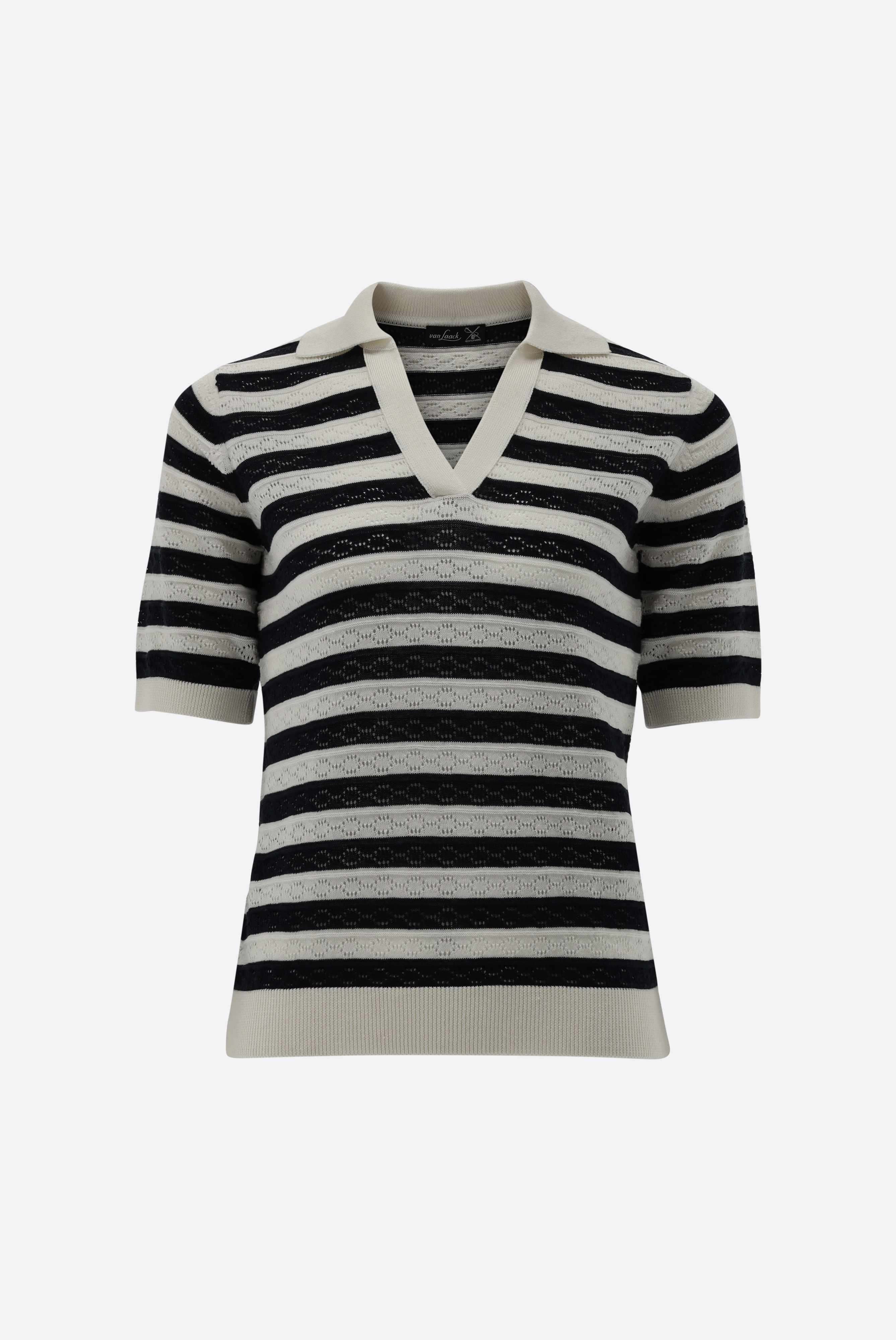 V-neck poloshirt with openwork pattern and stripes