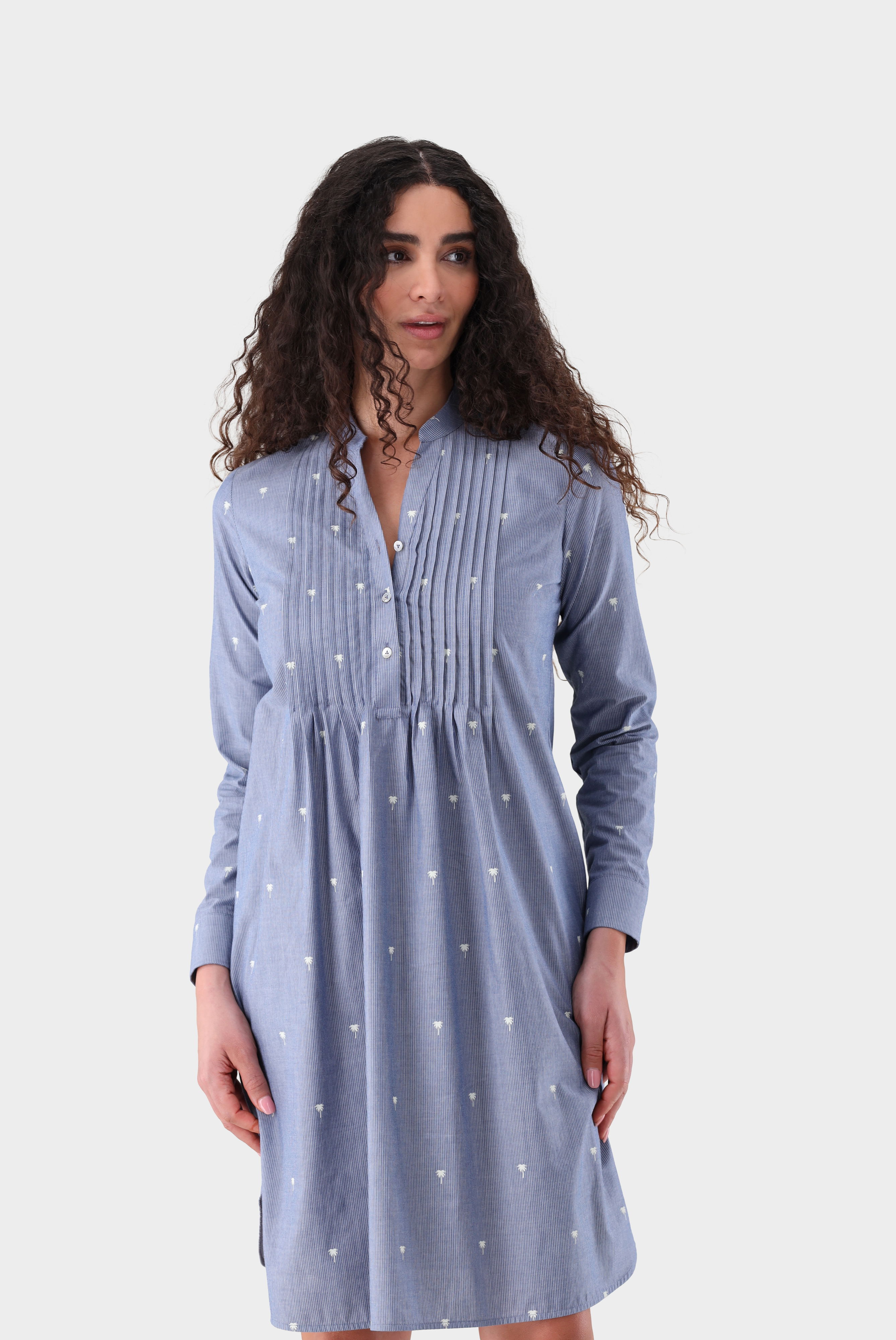 Knielanges Schlupfkleid in Jeans Optik mit Palmen Druck