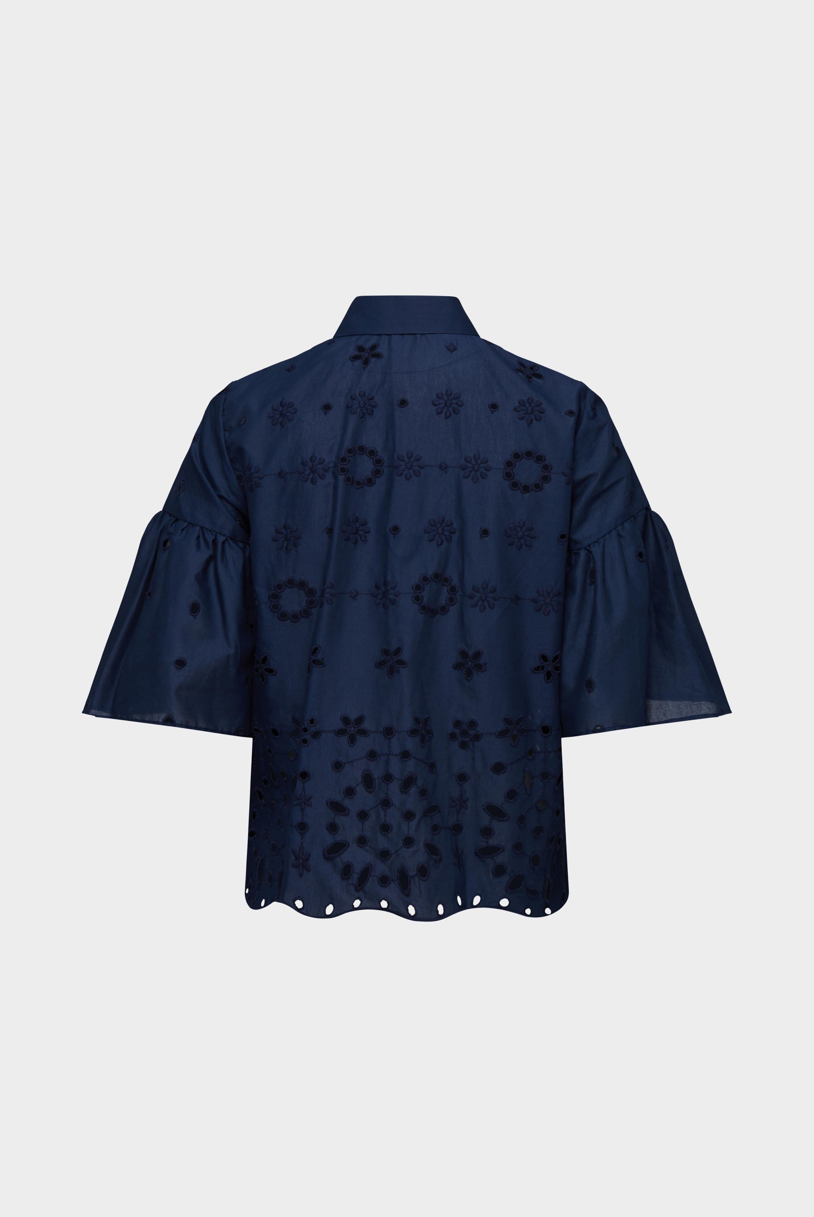 Casual Blouses+A-line blouse with ruffle details and embroidery made of blue cotton+05.525V.5X.150228.790.32