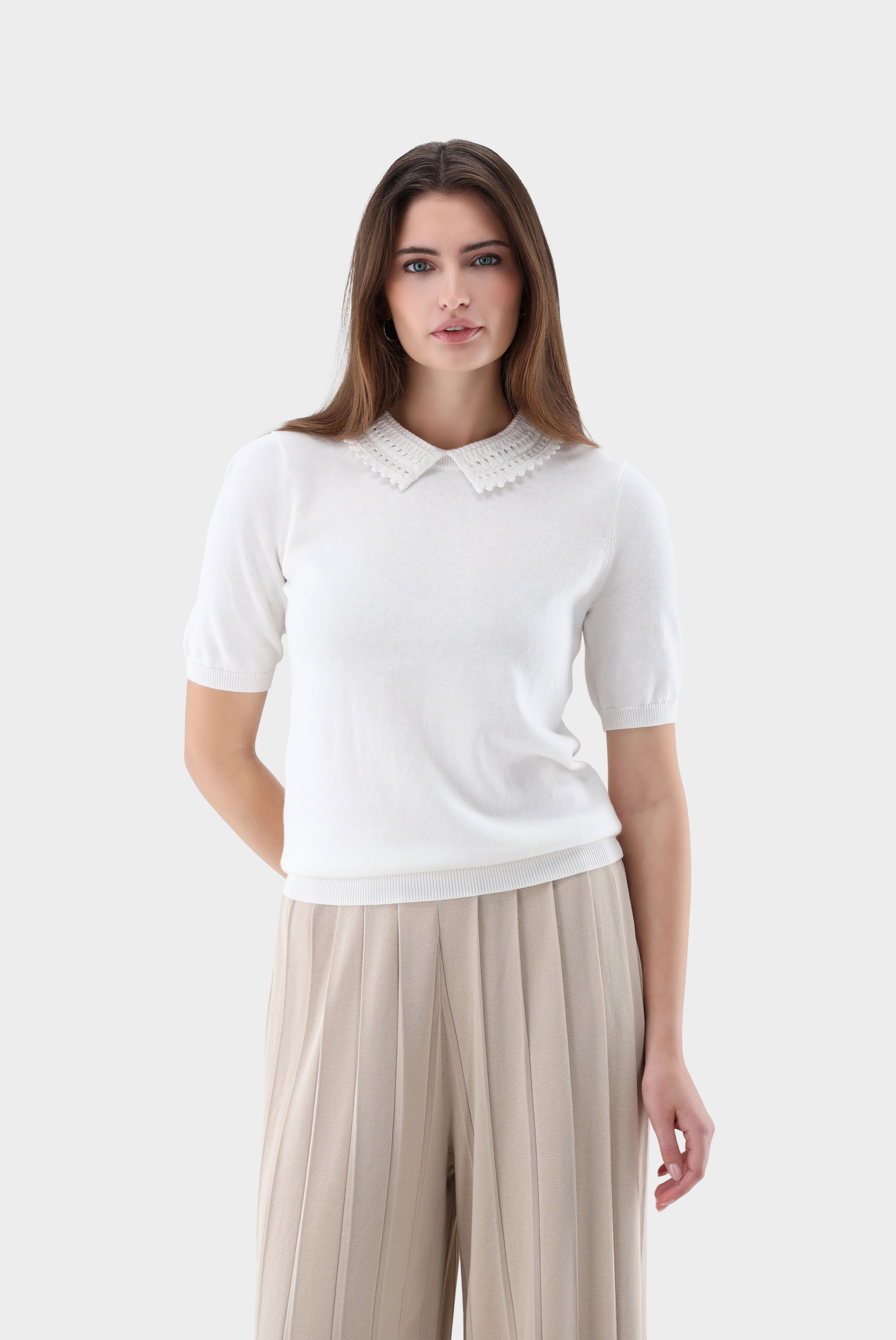 Strick Poloshirt mit Häkel-Kragen