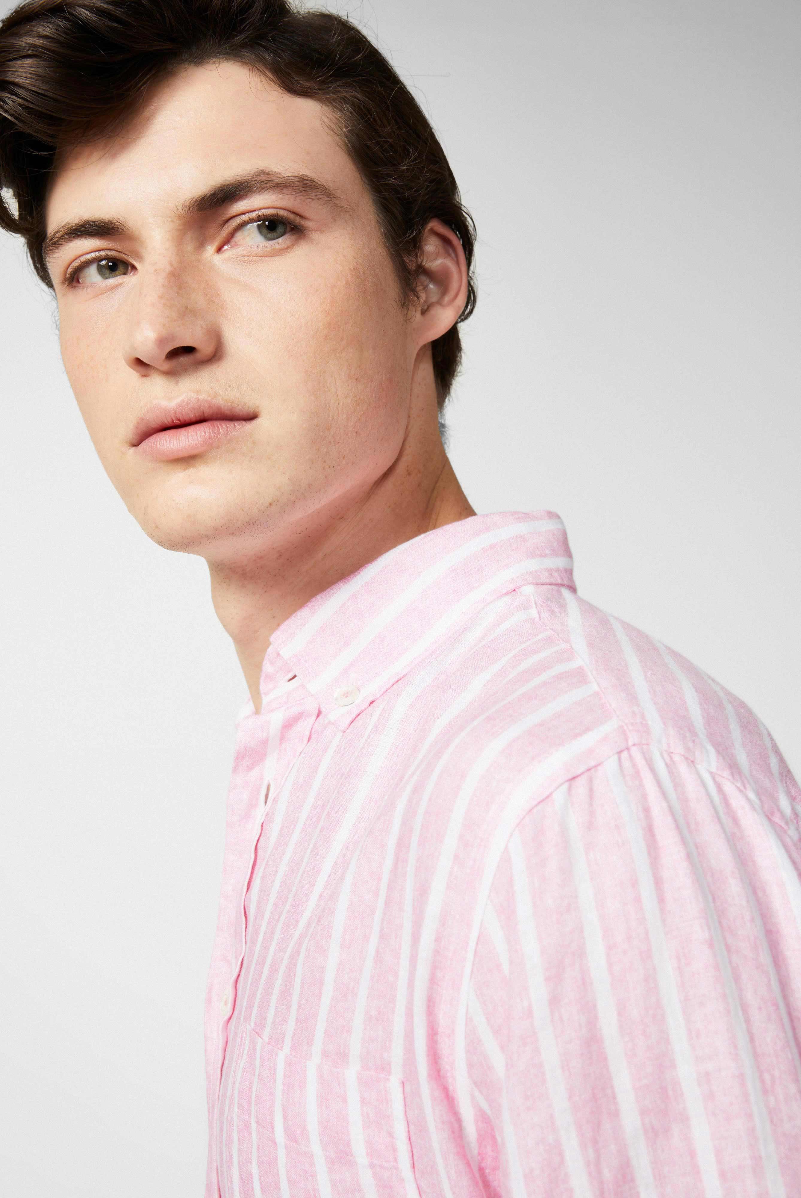 Casual Shirts+Linen button-down hem with stripe printred+20.2013.MB.170238.530.40