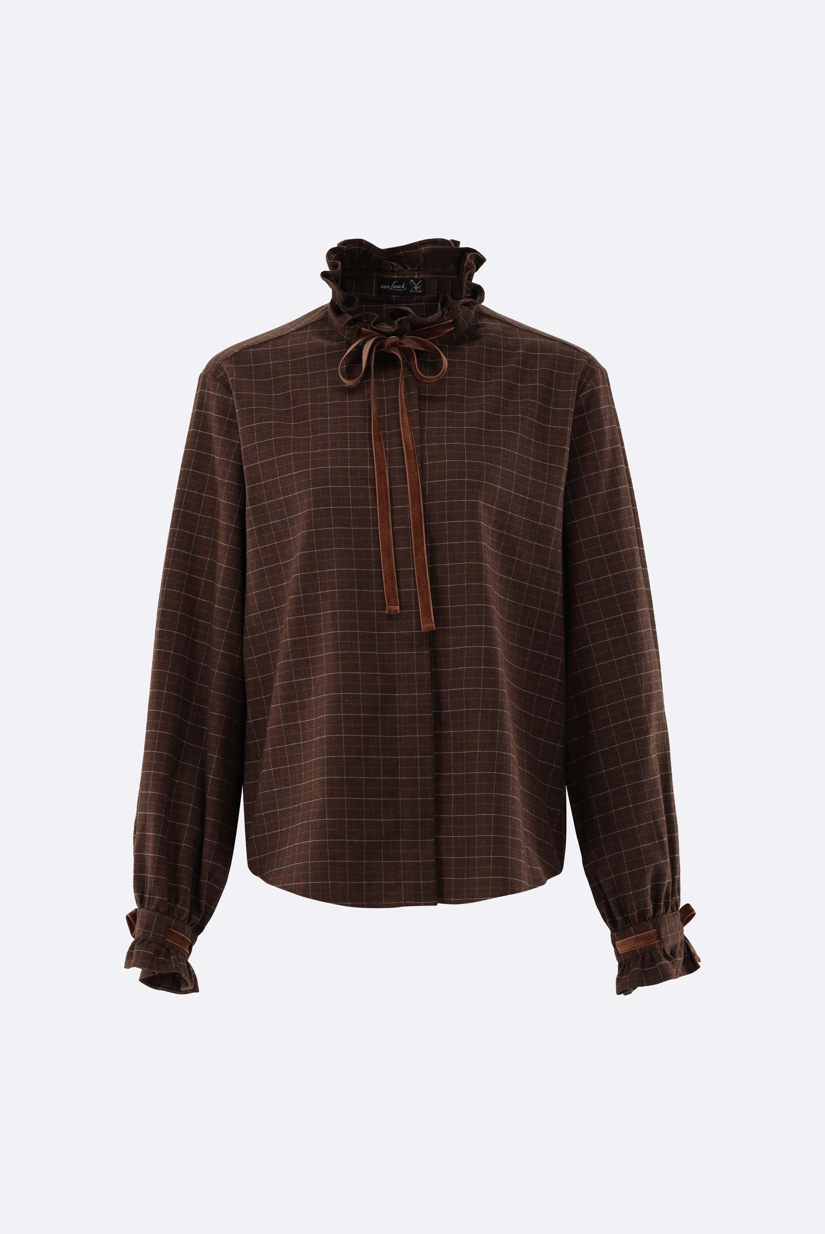 Checked flannel blouse with ruffled stand-up collar