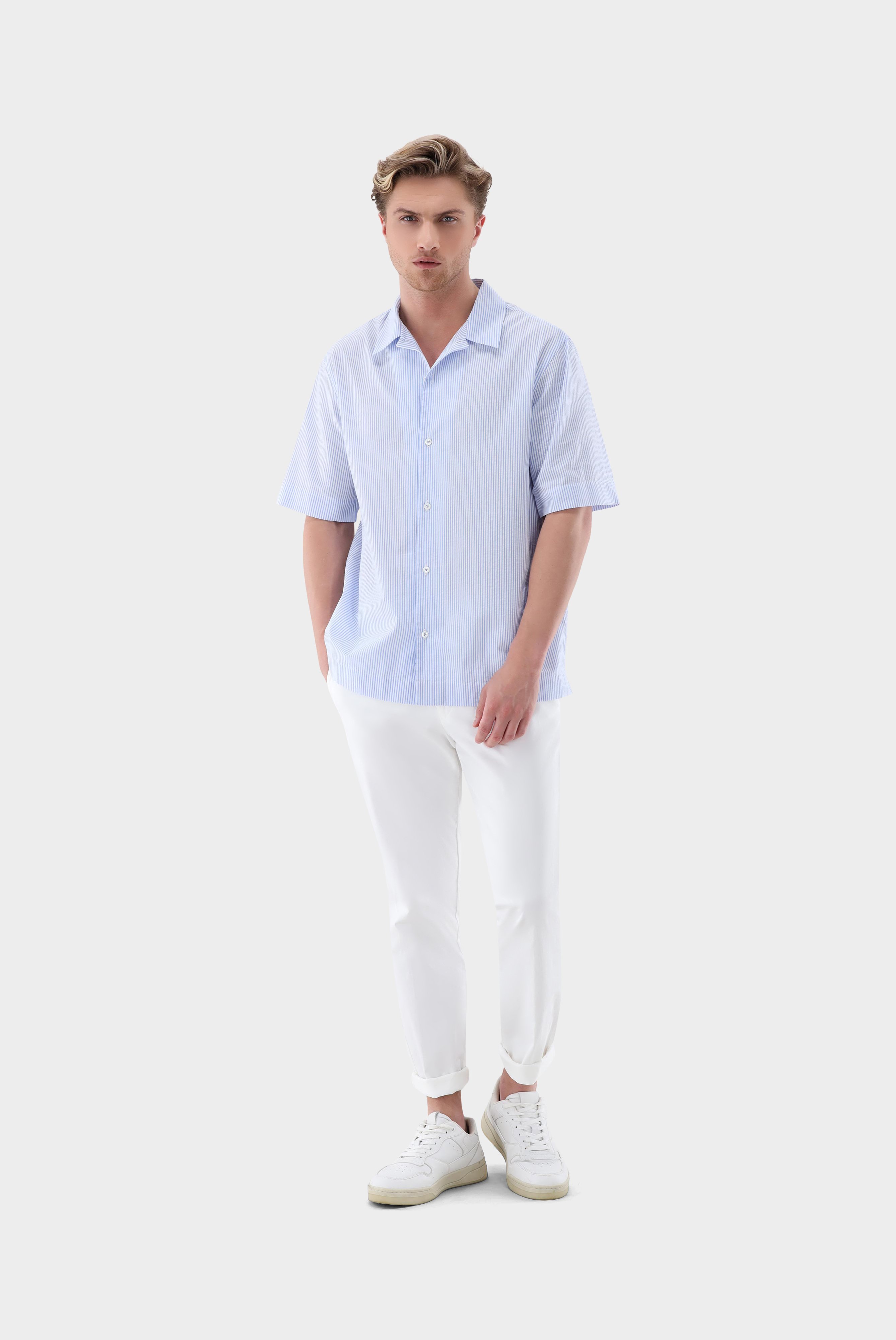 Casual Shirts+Fine Striped Short Sleeved Cotton Seersucker Shirt+20.2078.RD.151054.720.S