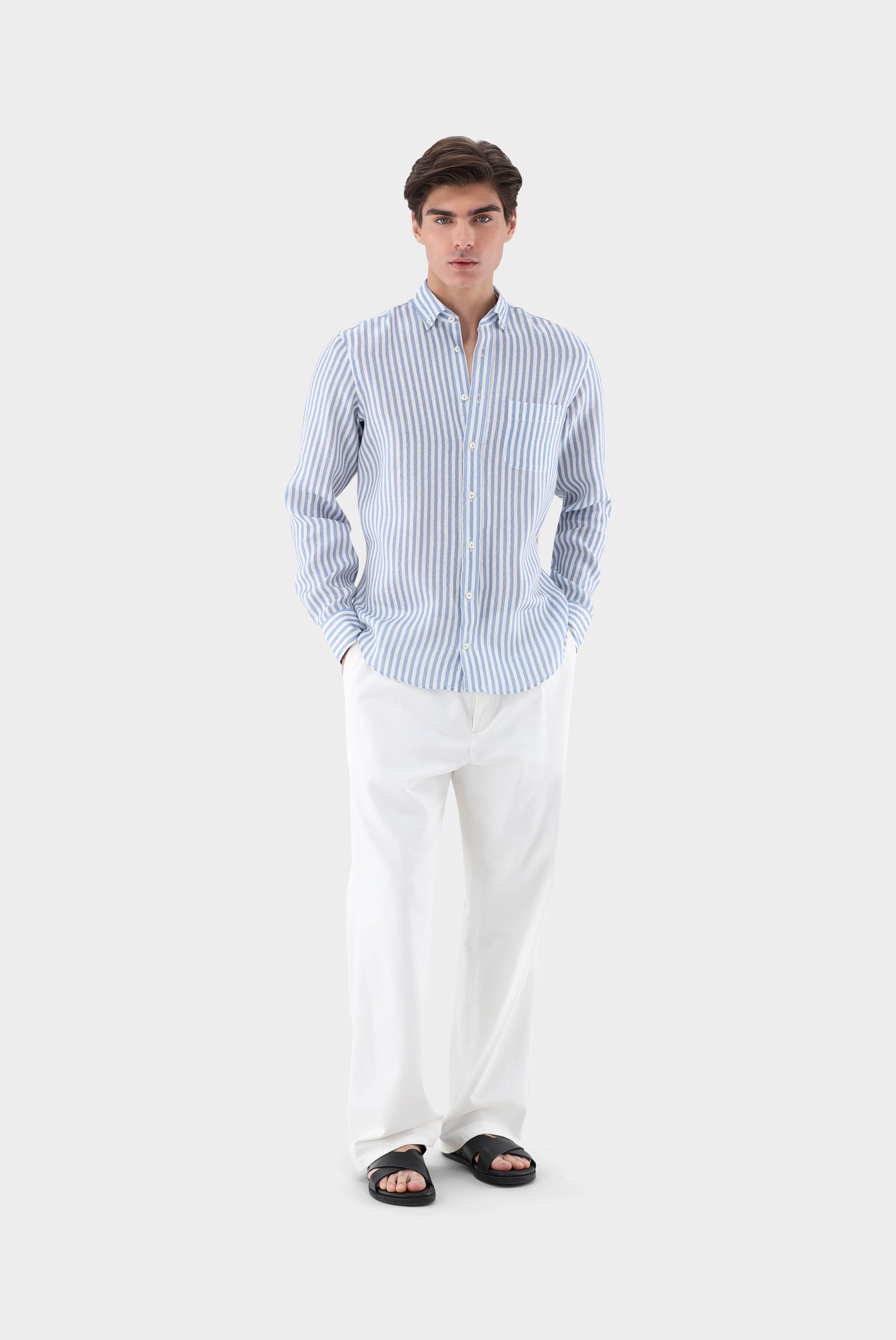 Casual Shirts+Linen Stripe Print Shirt Tailor Fit+20.2013.9V.170352.740.42
