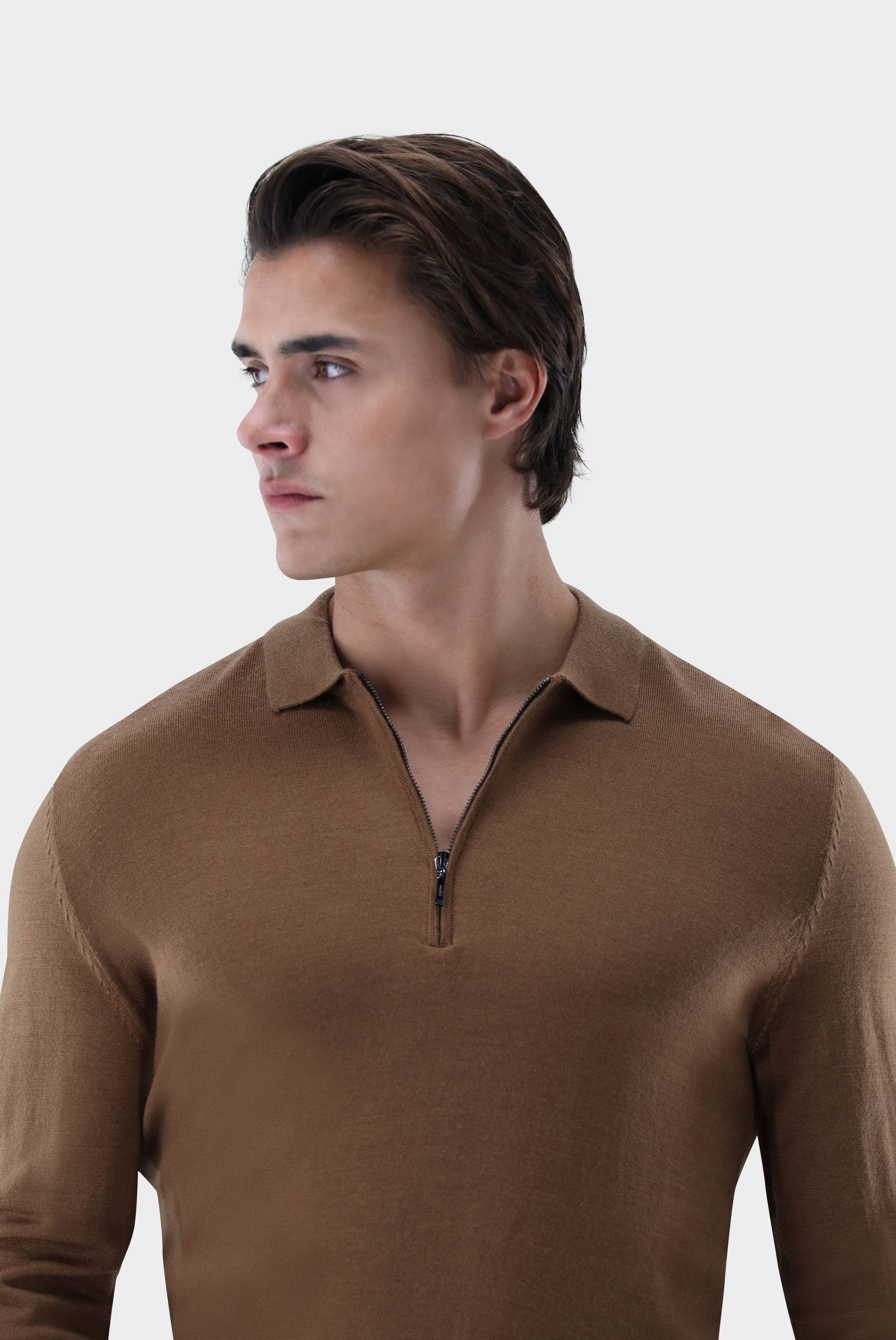 Poloshirt Langarm mit Reißverschluss aus merzerisierter Wolle günstig online kaufen