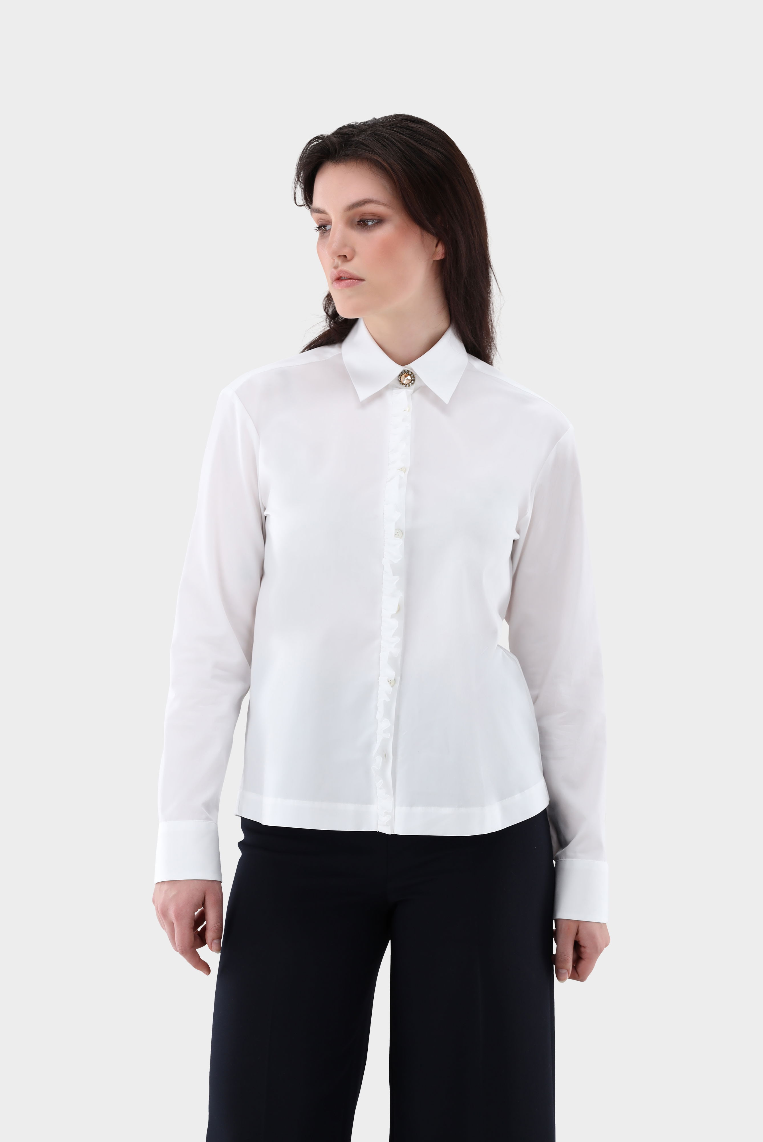 Boxy Fit Blouse with Ruffles and Decorative Button
