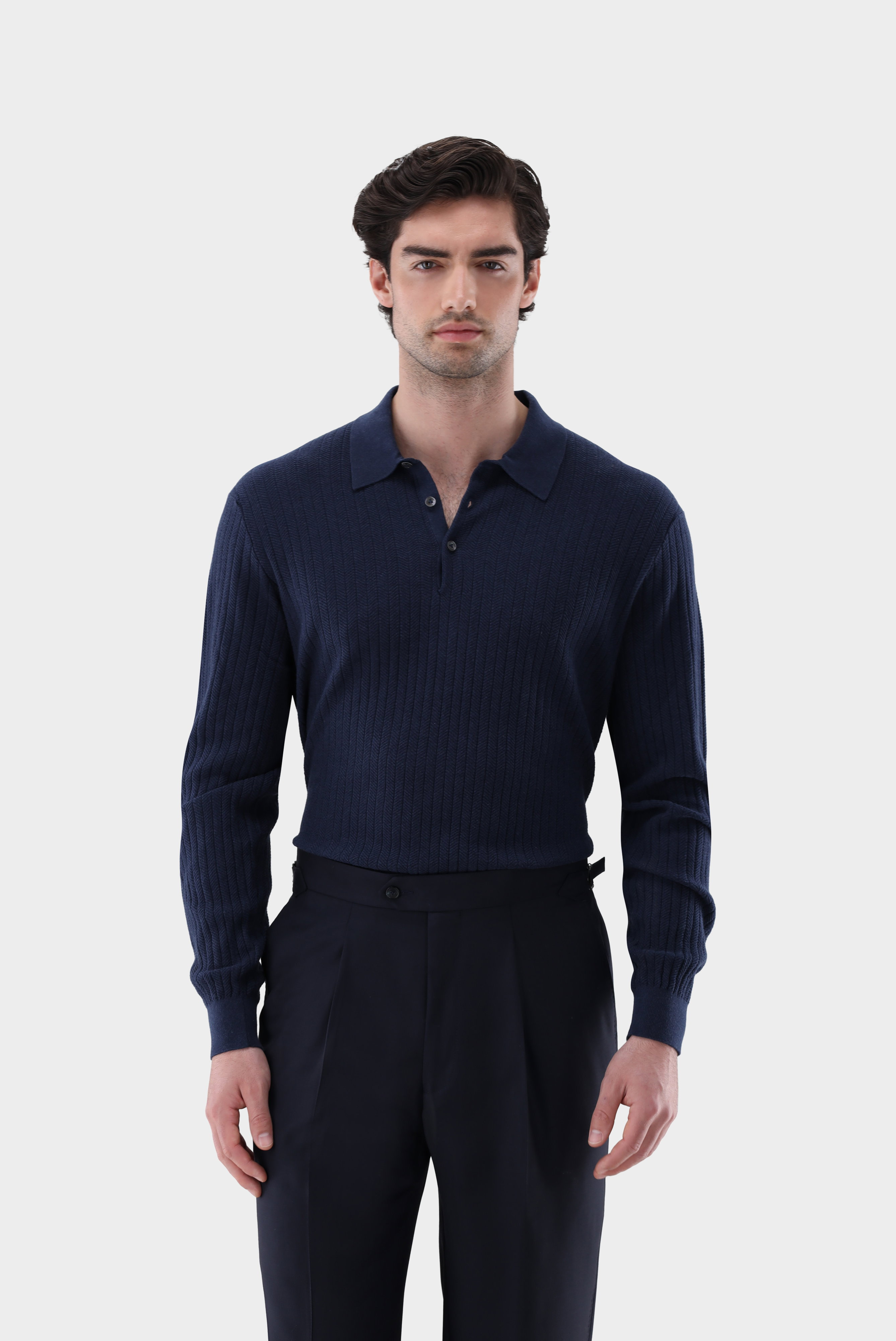 Herringbone knit polo in cotton and silk