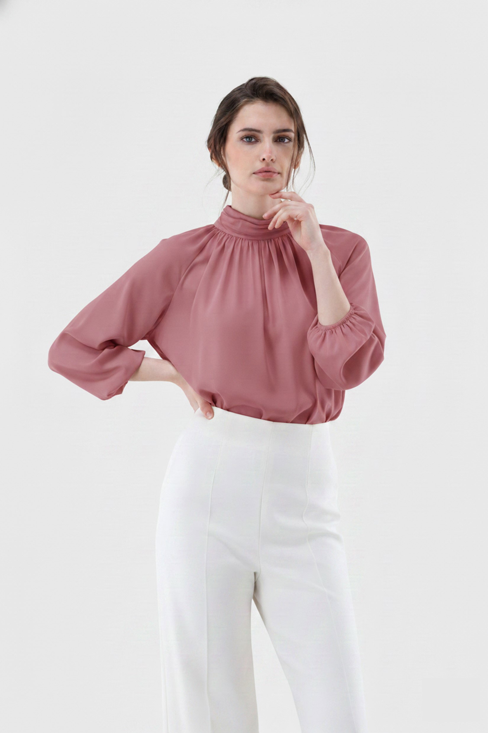 Stand-up-collar blouse in silk