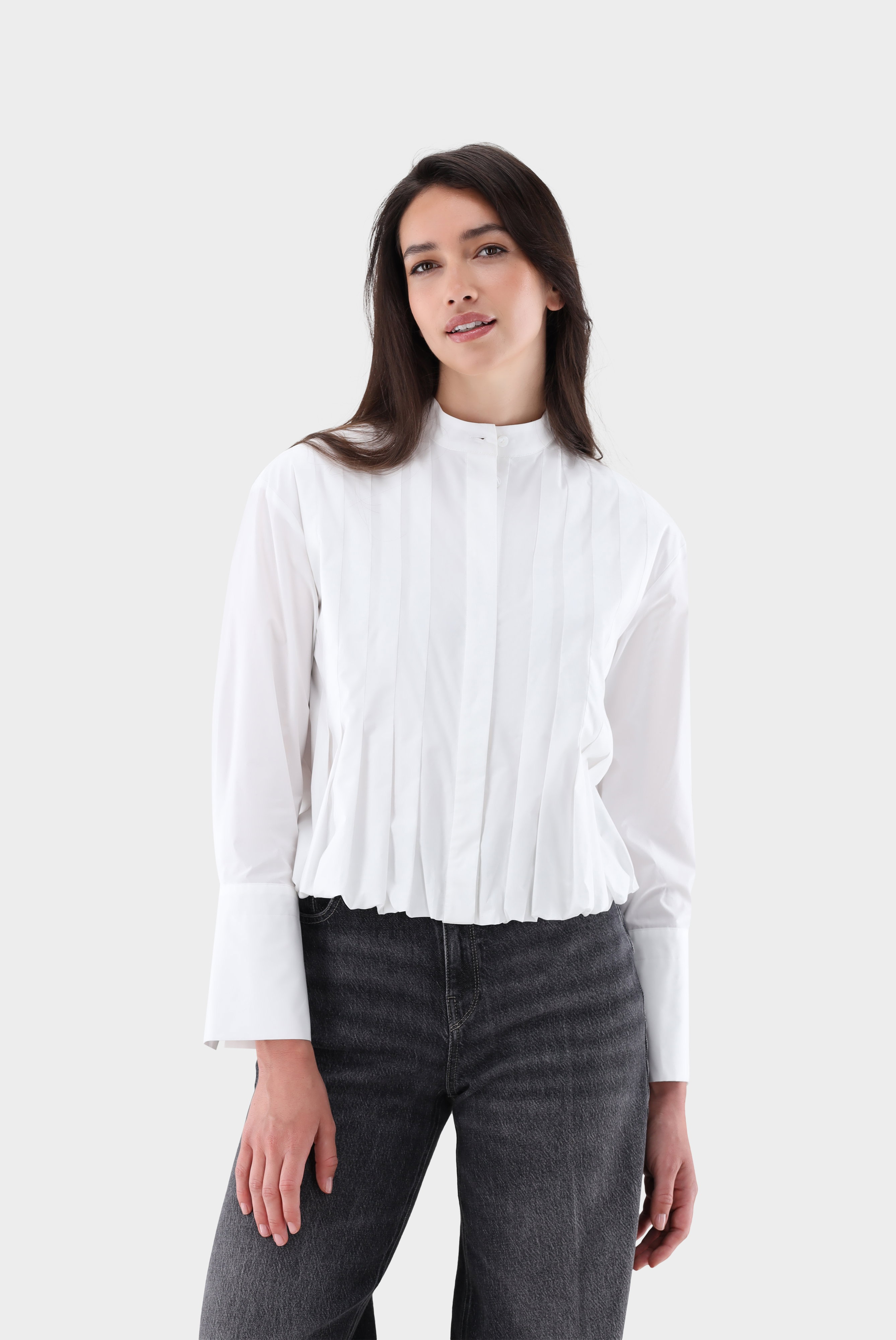 Stand-collar blouse with pleats