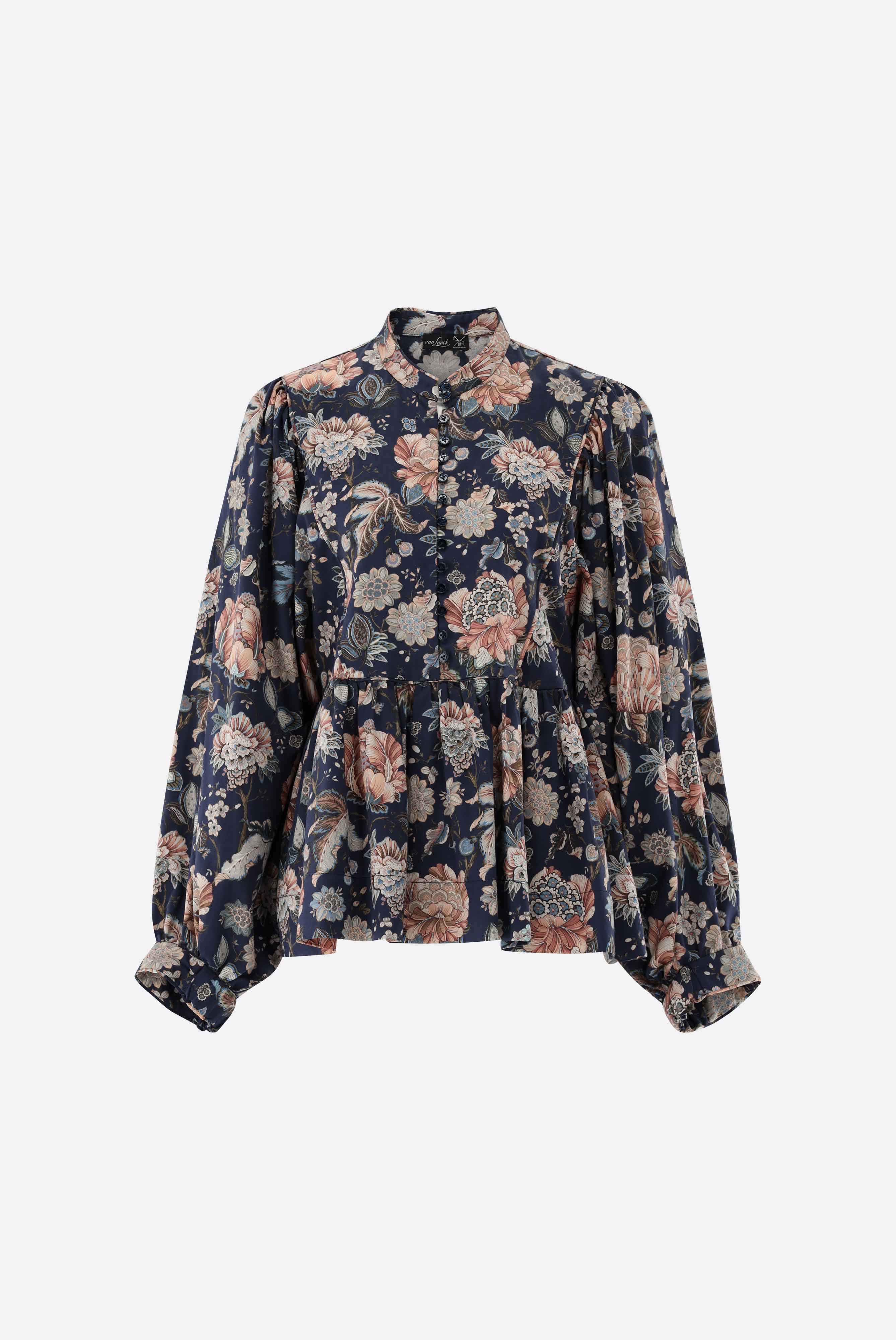 Stehkragenbluse mit Blumenmuster und Plastron