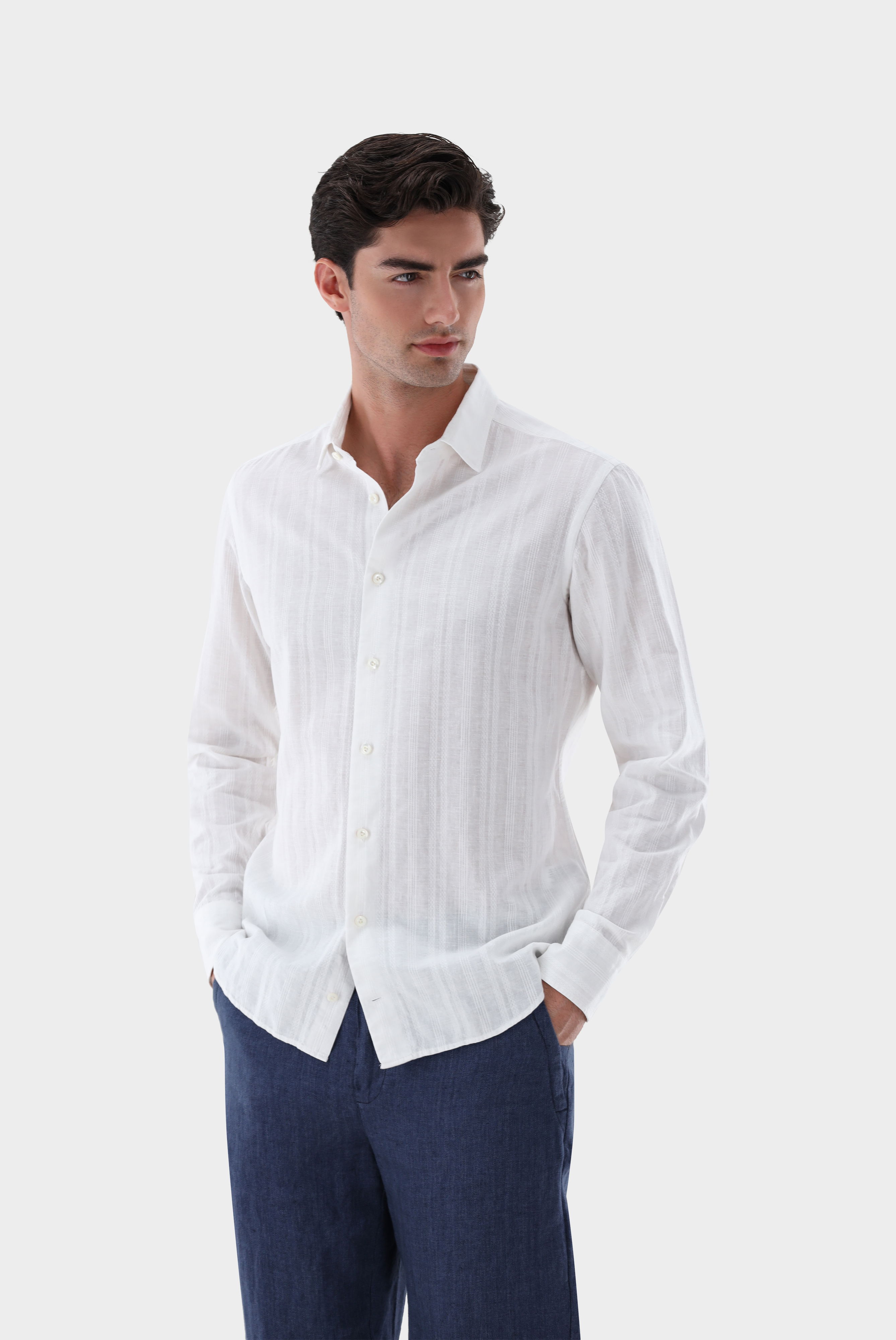 Hemd aus Baumwolle und Leinen mit Ajoure Streifen