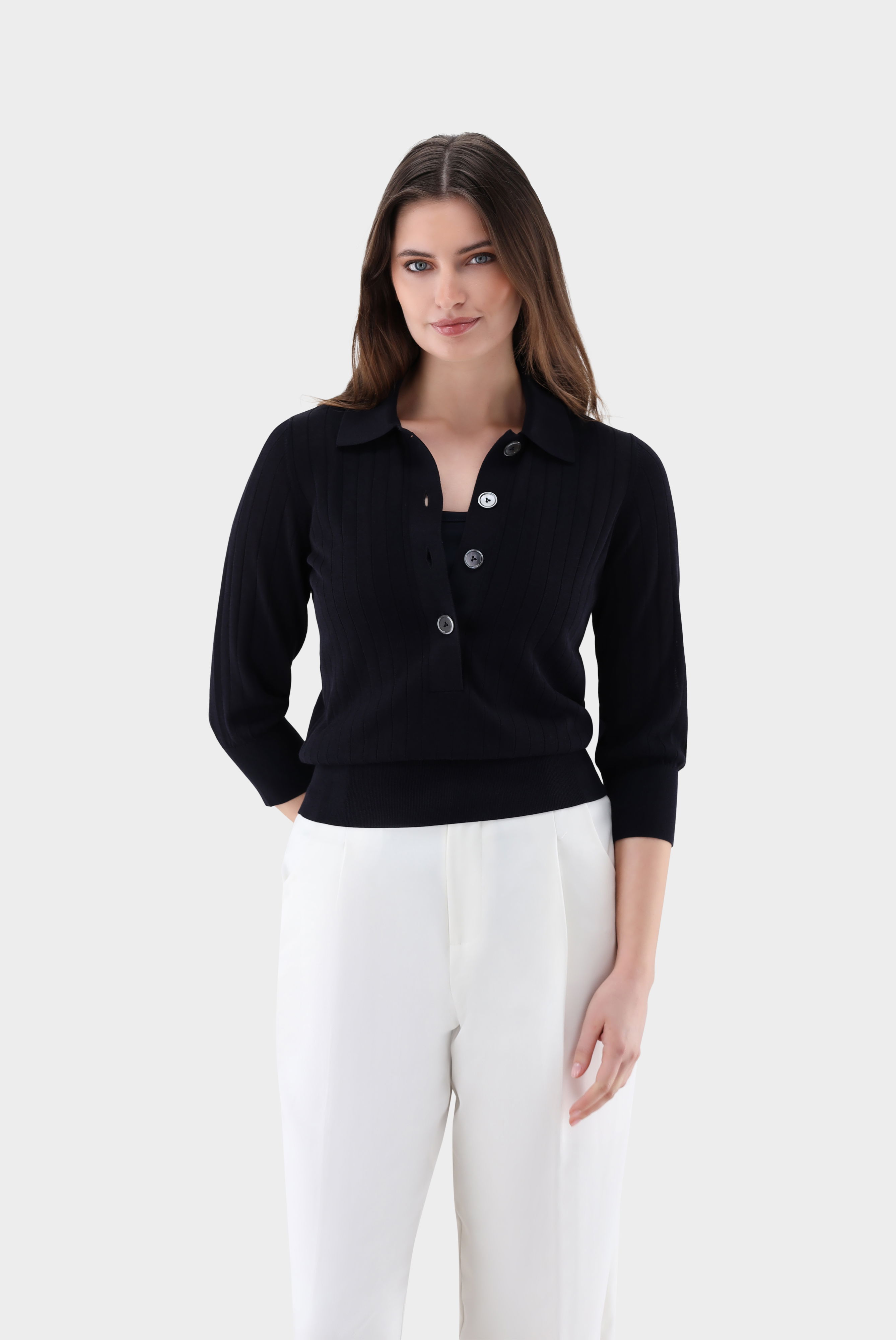 Ribbed knit polo shirt with cotton and viscose