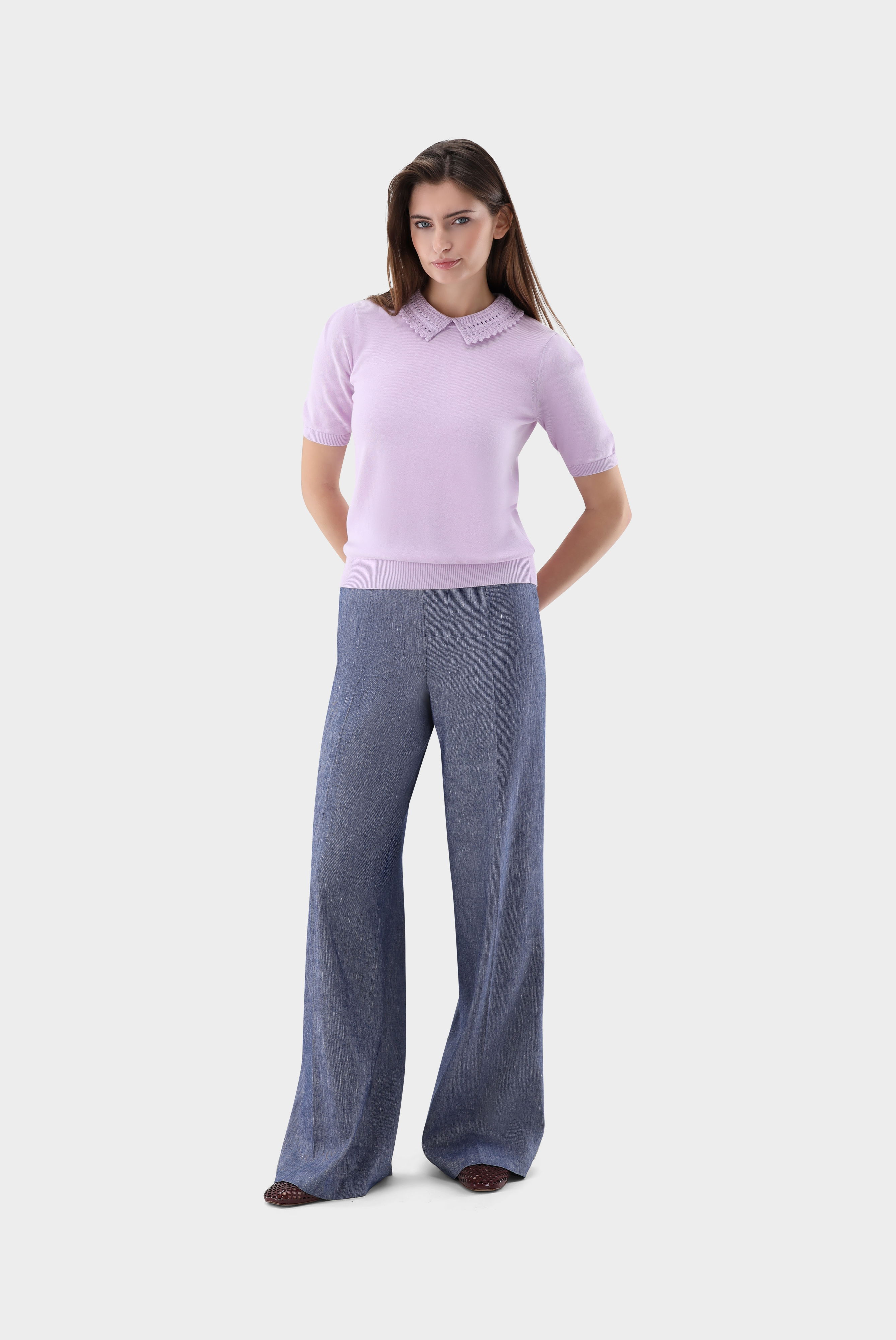 Strick Poloshirt mit Häkel-Kragen günstig online kaufen