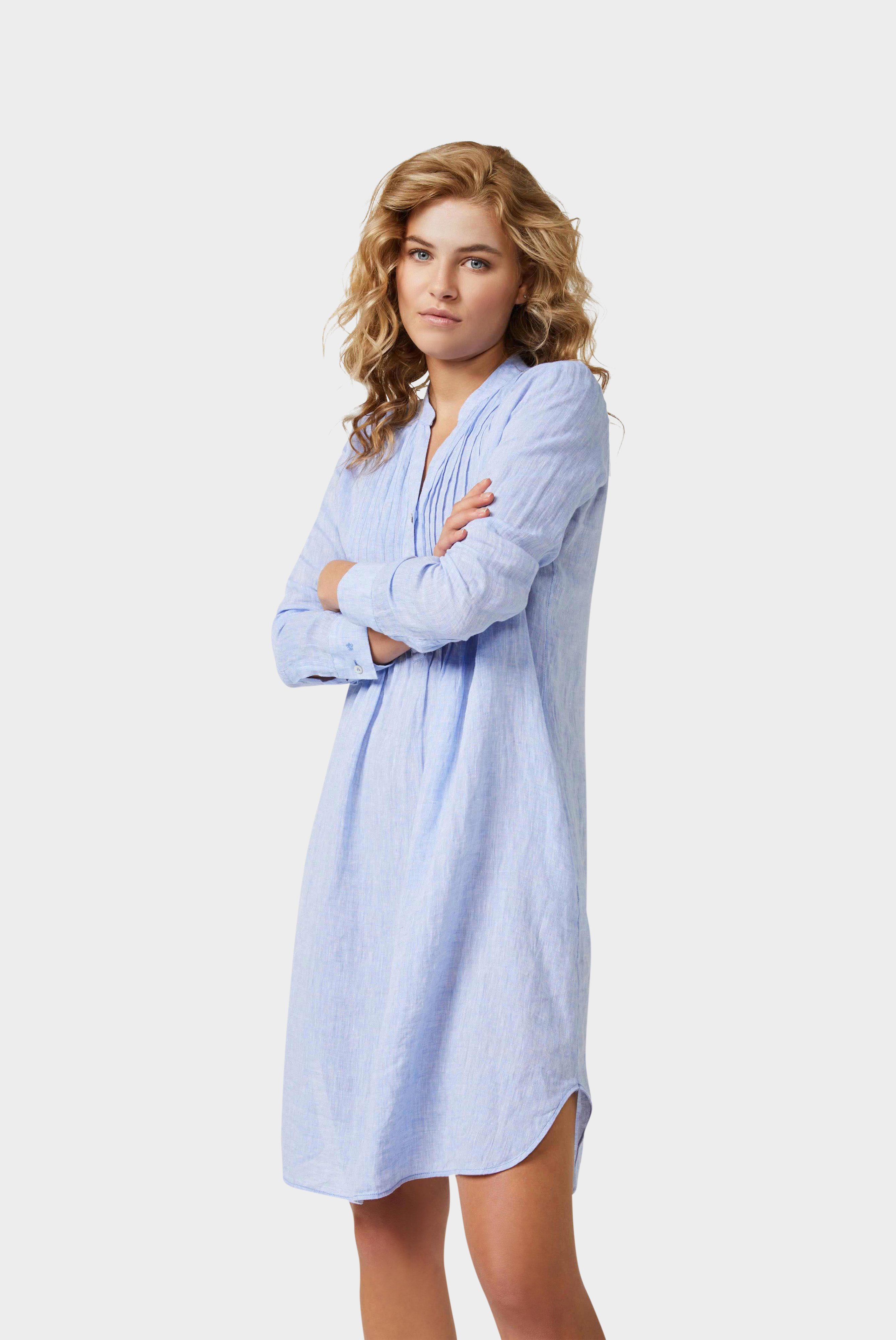 Knee-length dress with stand-up collar and ruffles made of linen
