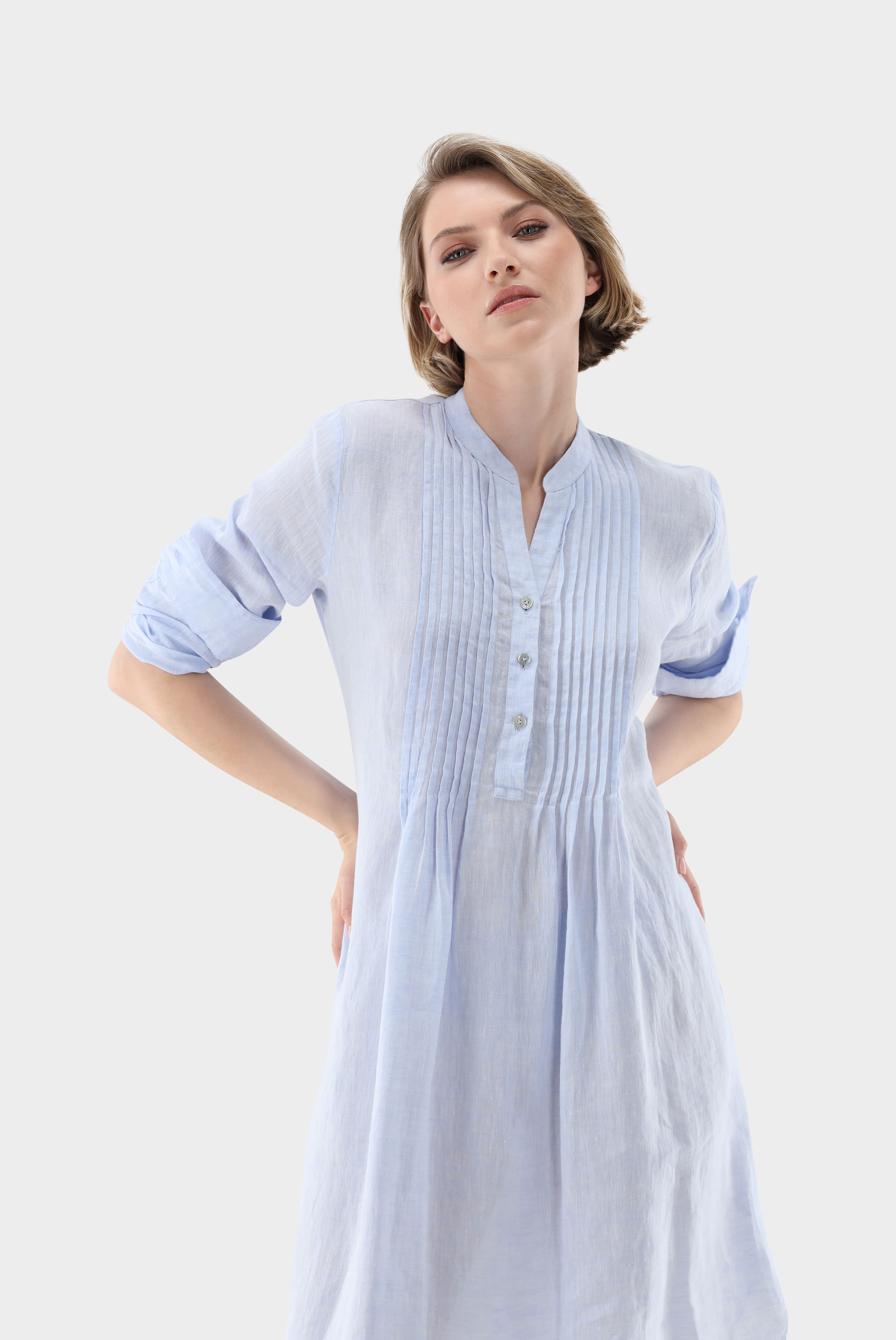 vanLaack, Knee-length dress with stand-up collar and ruffles made of linen