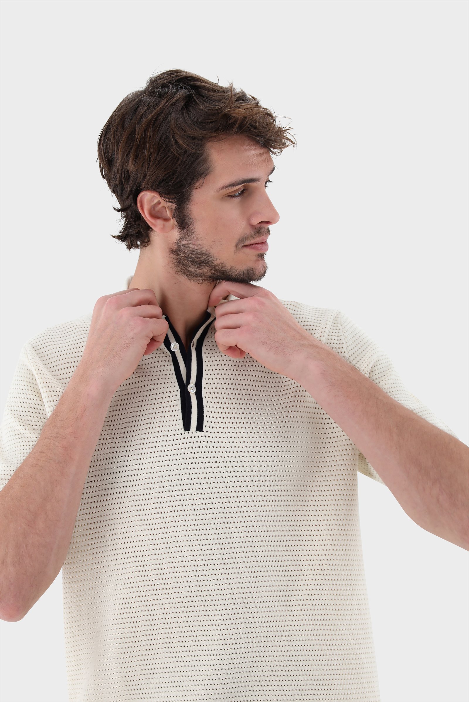 Knit polo with mesh structure and contrast collar | van Laack