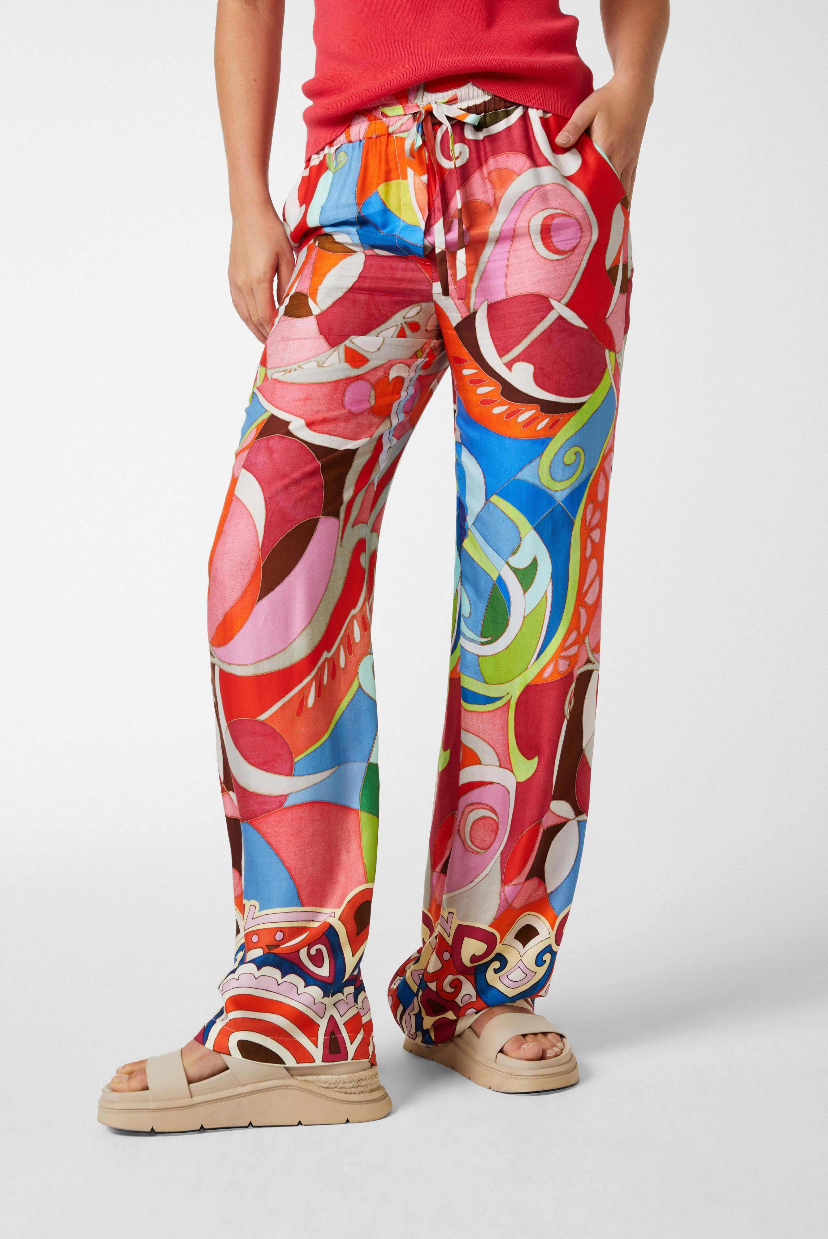 Straight leg trousers with elasticated waist in printed viscose