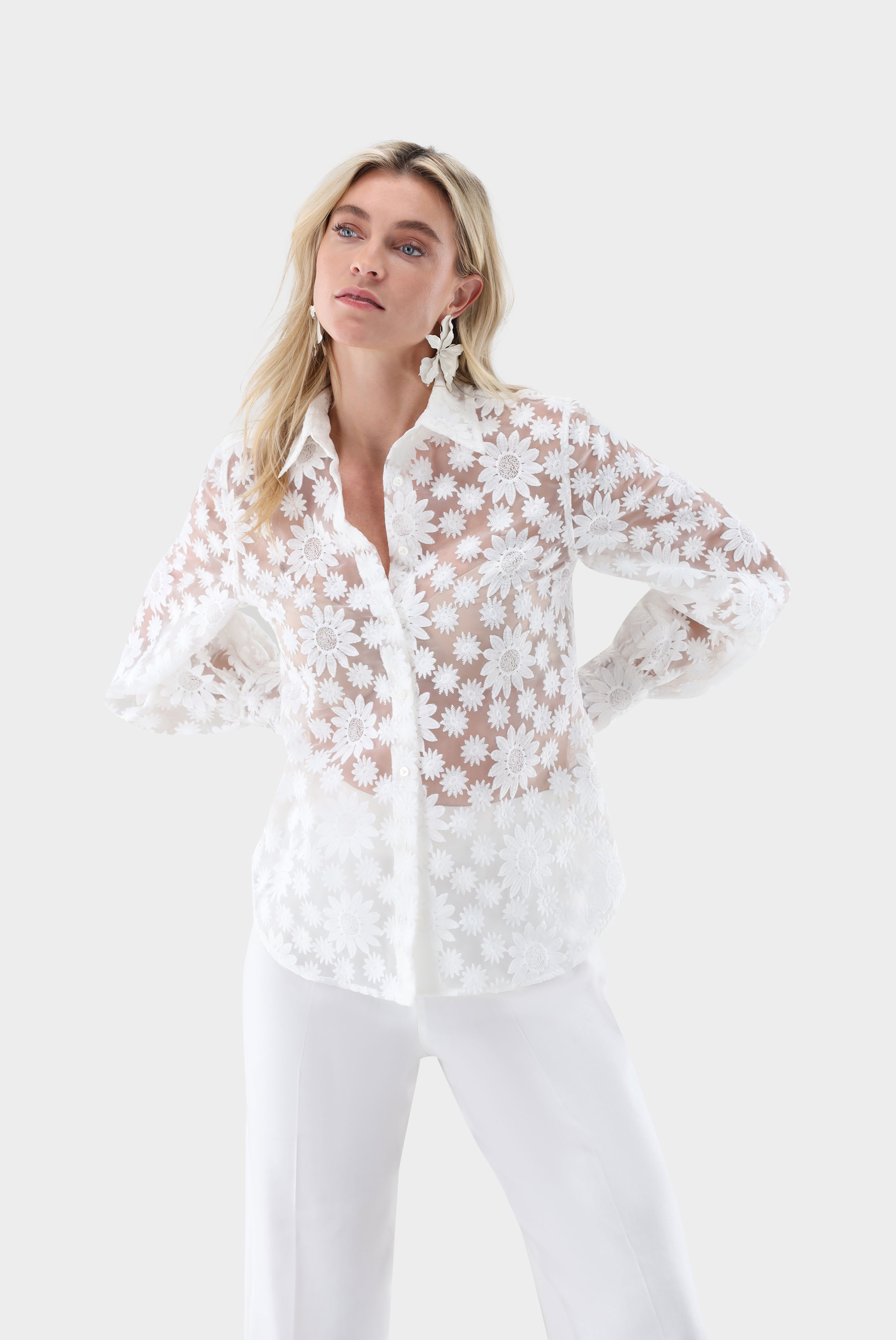Hemdbluse mit Blousonärmeln und besticktem Organza