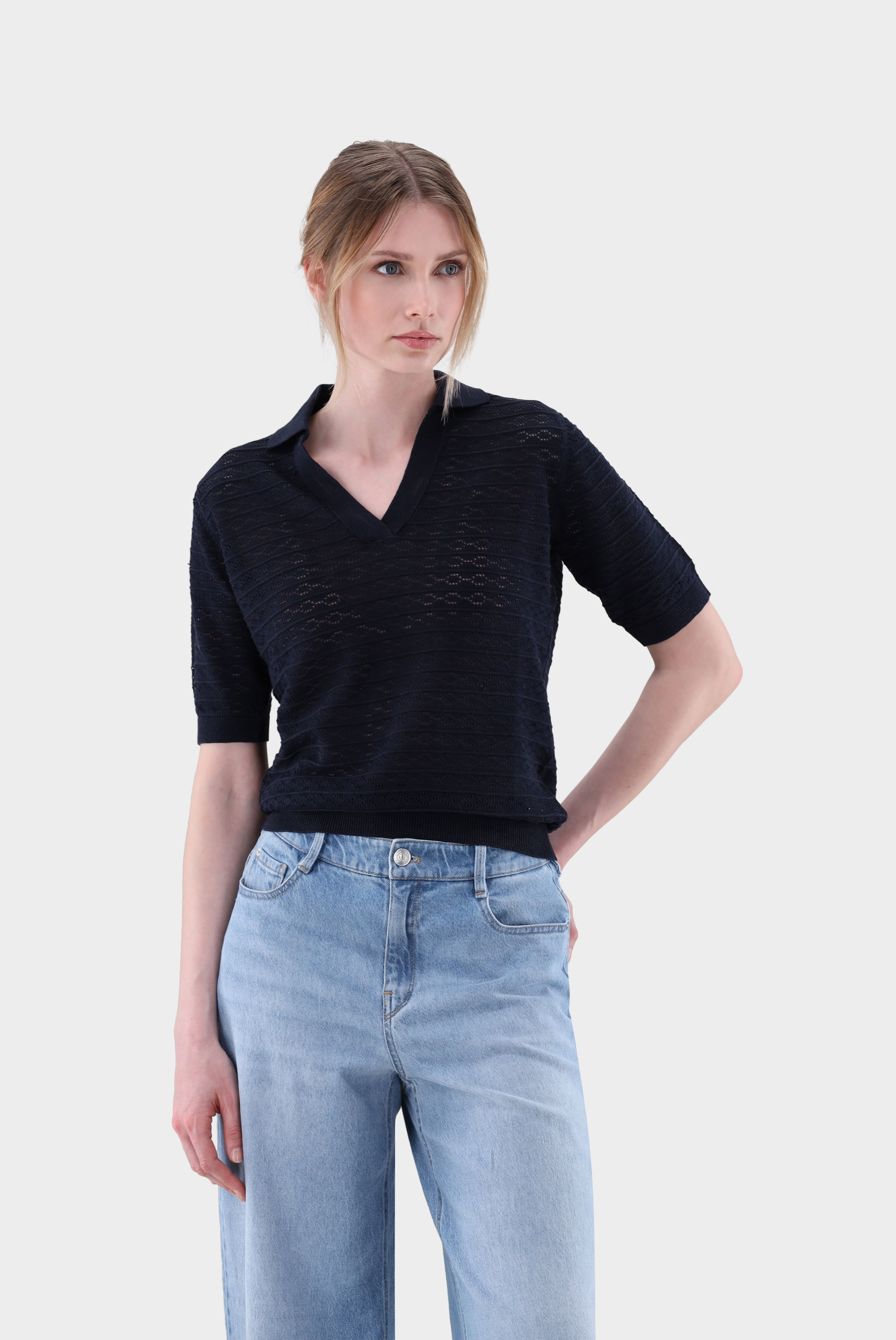 V-Polo gestreift mit Ajourmuster aus Air Cotton