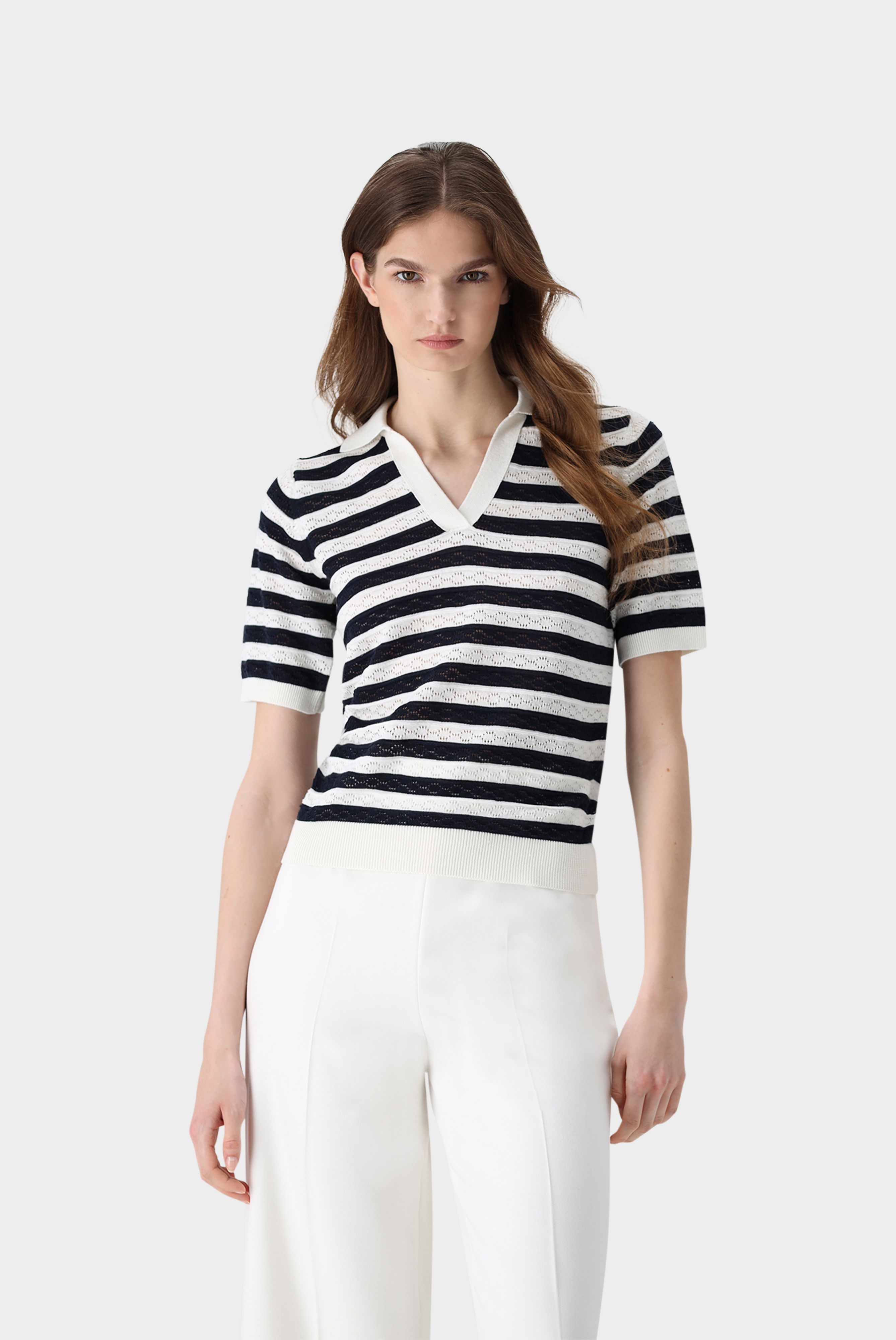 V-Polo gestreift mit Ajourmuster aus Air Cotton