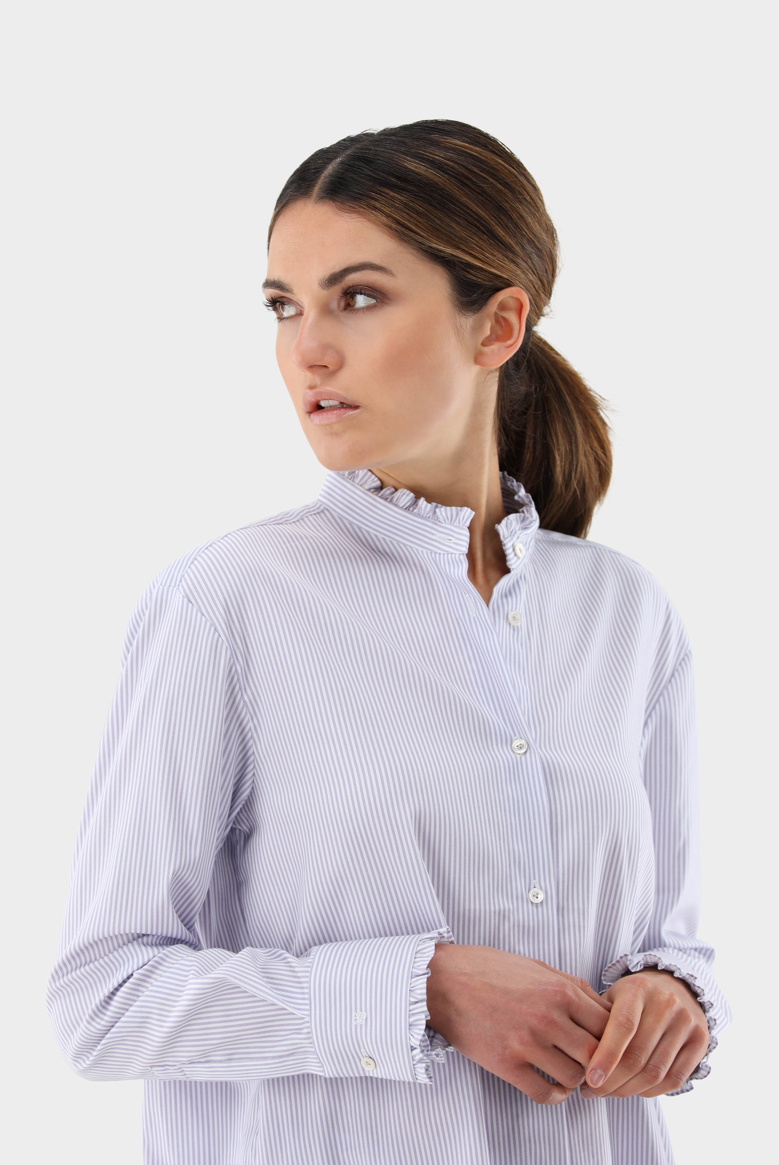 Casual Blouses+Standup Collar Blouse with Ruffles and Stripes+05.529B..171869.620.32