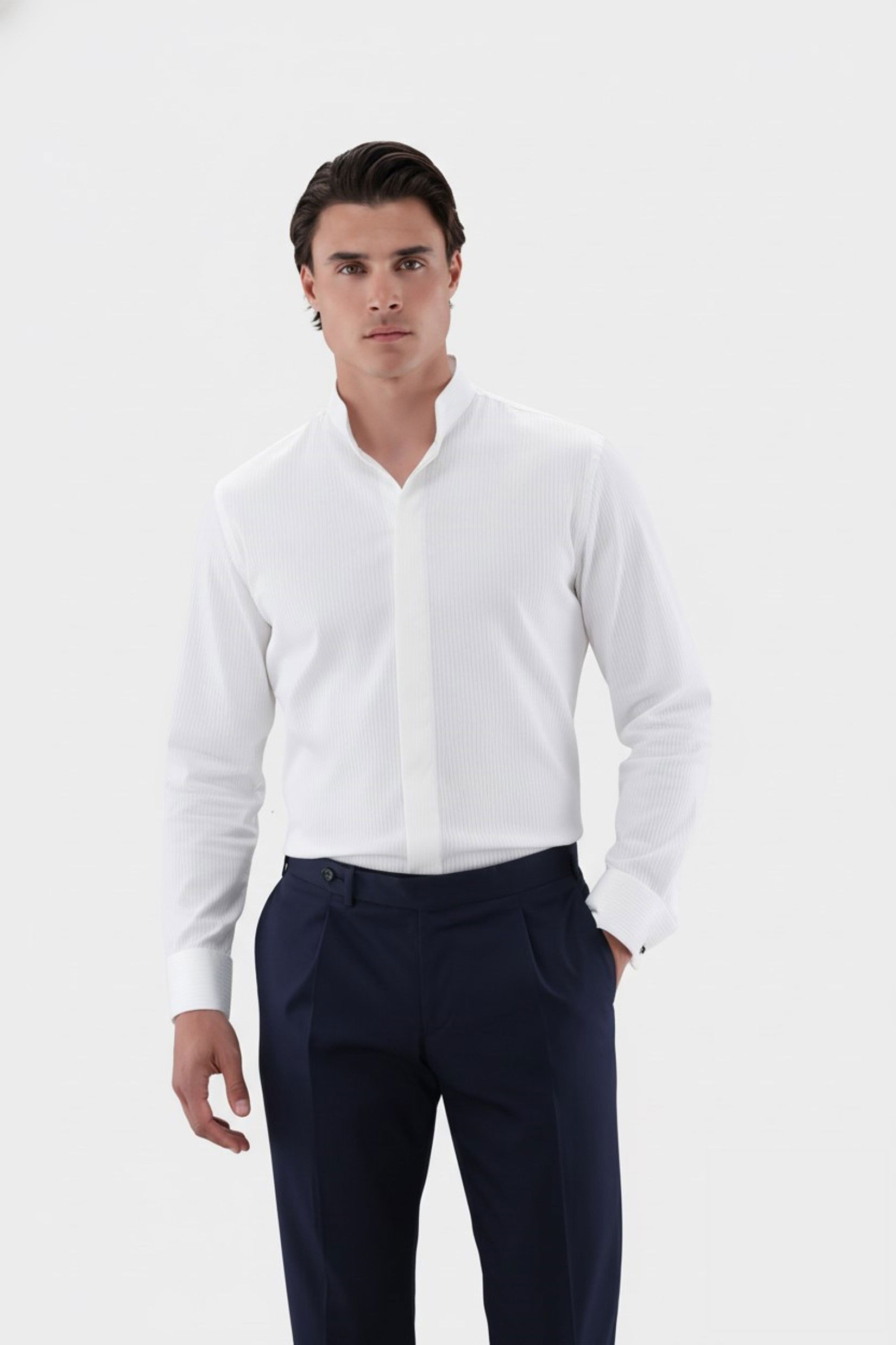 Shirt with double cuffs and stand-up collar