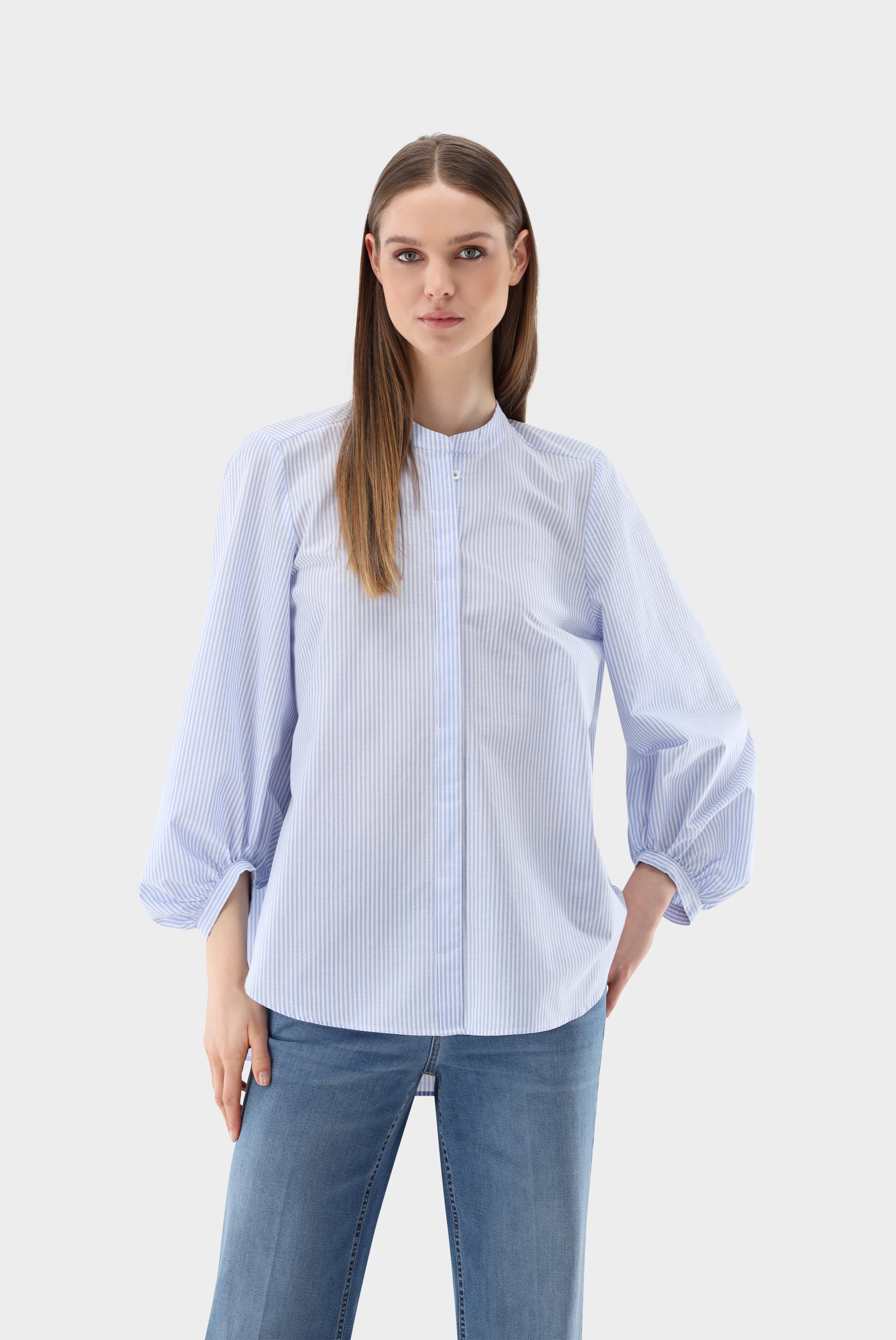 Shirt blouse with balloon sleeves and jacquard stripes