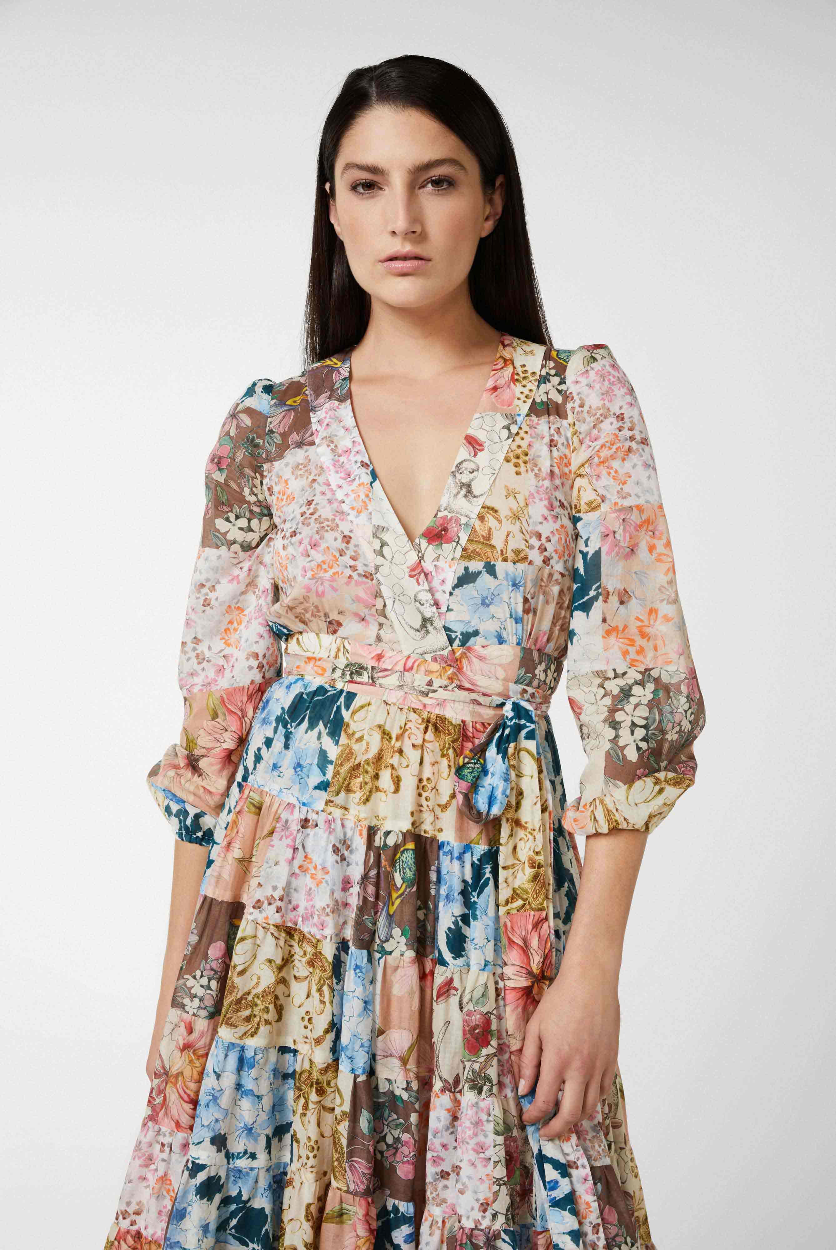 Midi wrap dress with puff sleeves and floral patchwork print