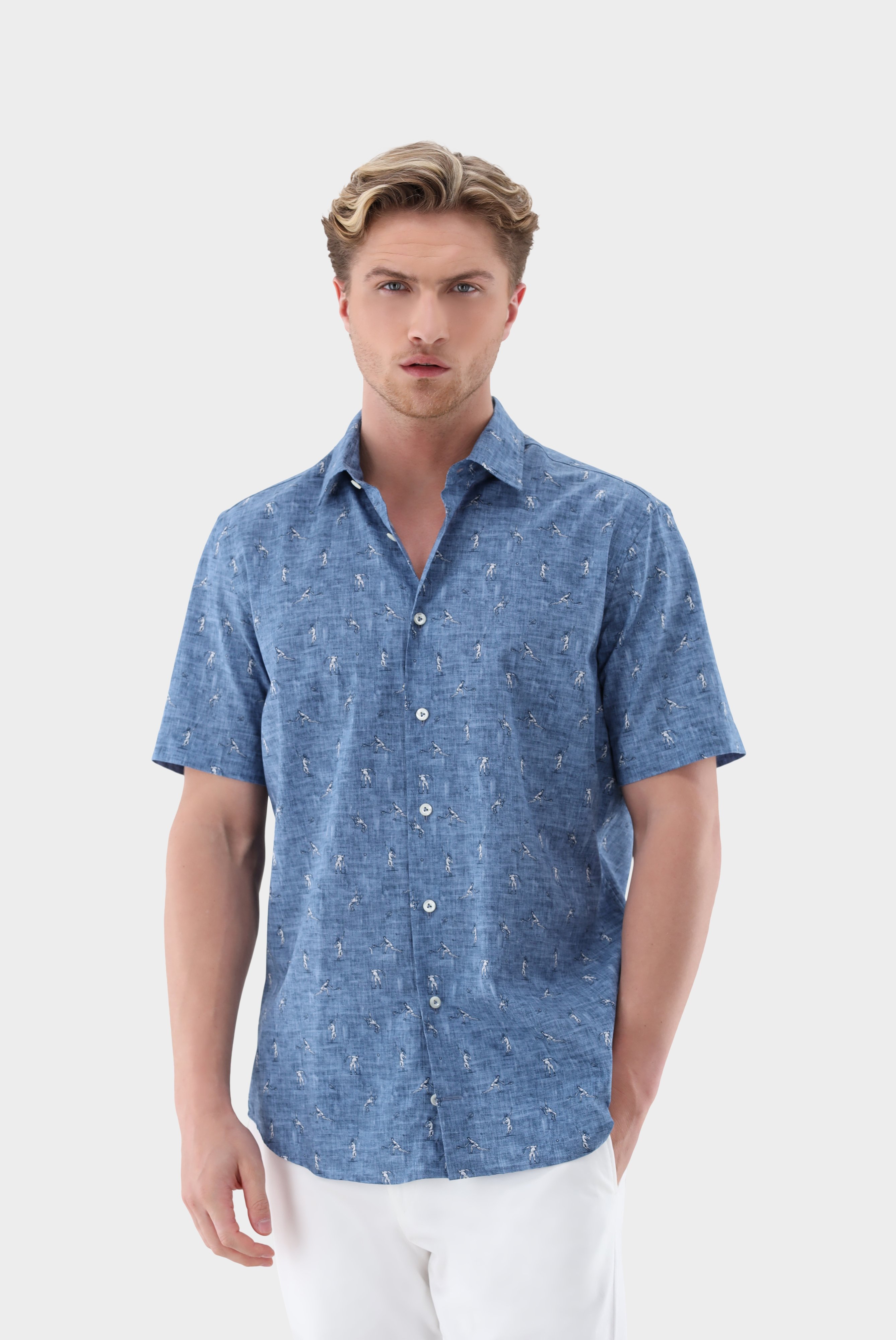 Short sleeve shirts+Cotton Denim Print Short Sleeve Shirt Tailor Fit+20.2052.RD.170362.760.38