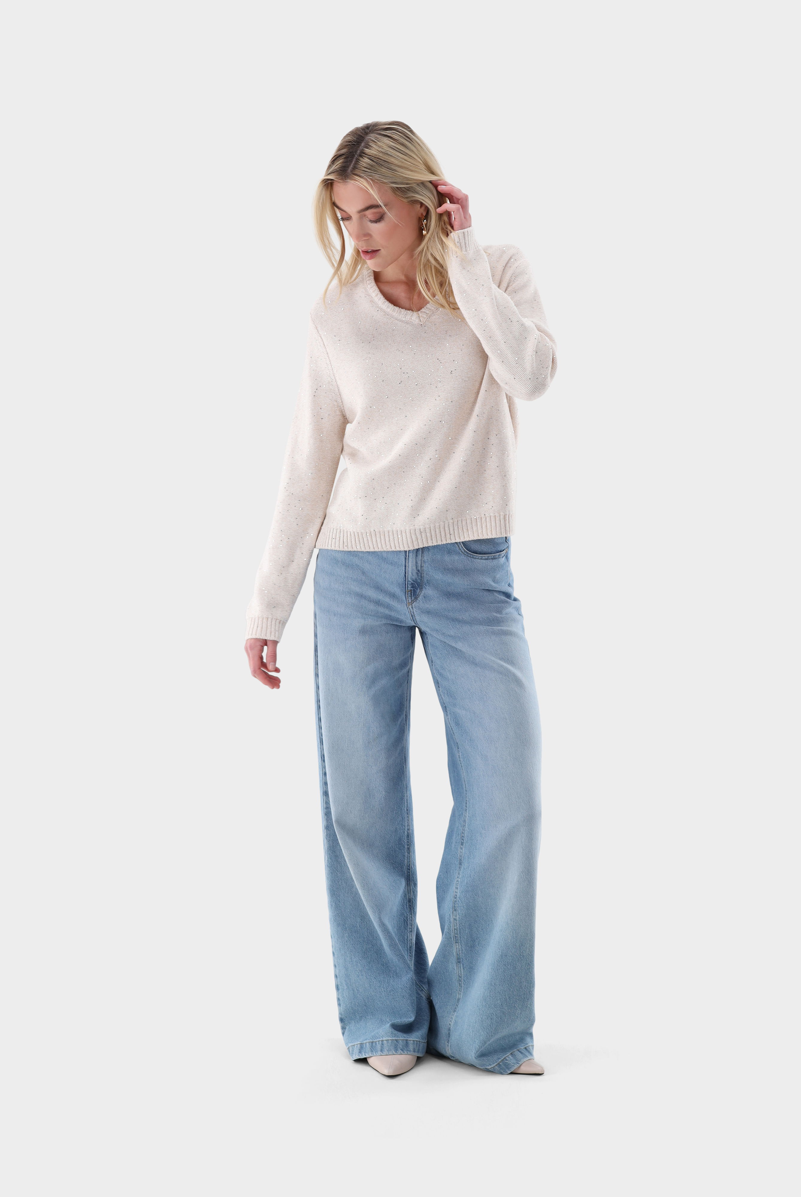 Pullover mit V-Ausschnitt mit Kaschmir und Pailletten günstig online kaufen