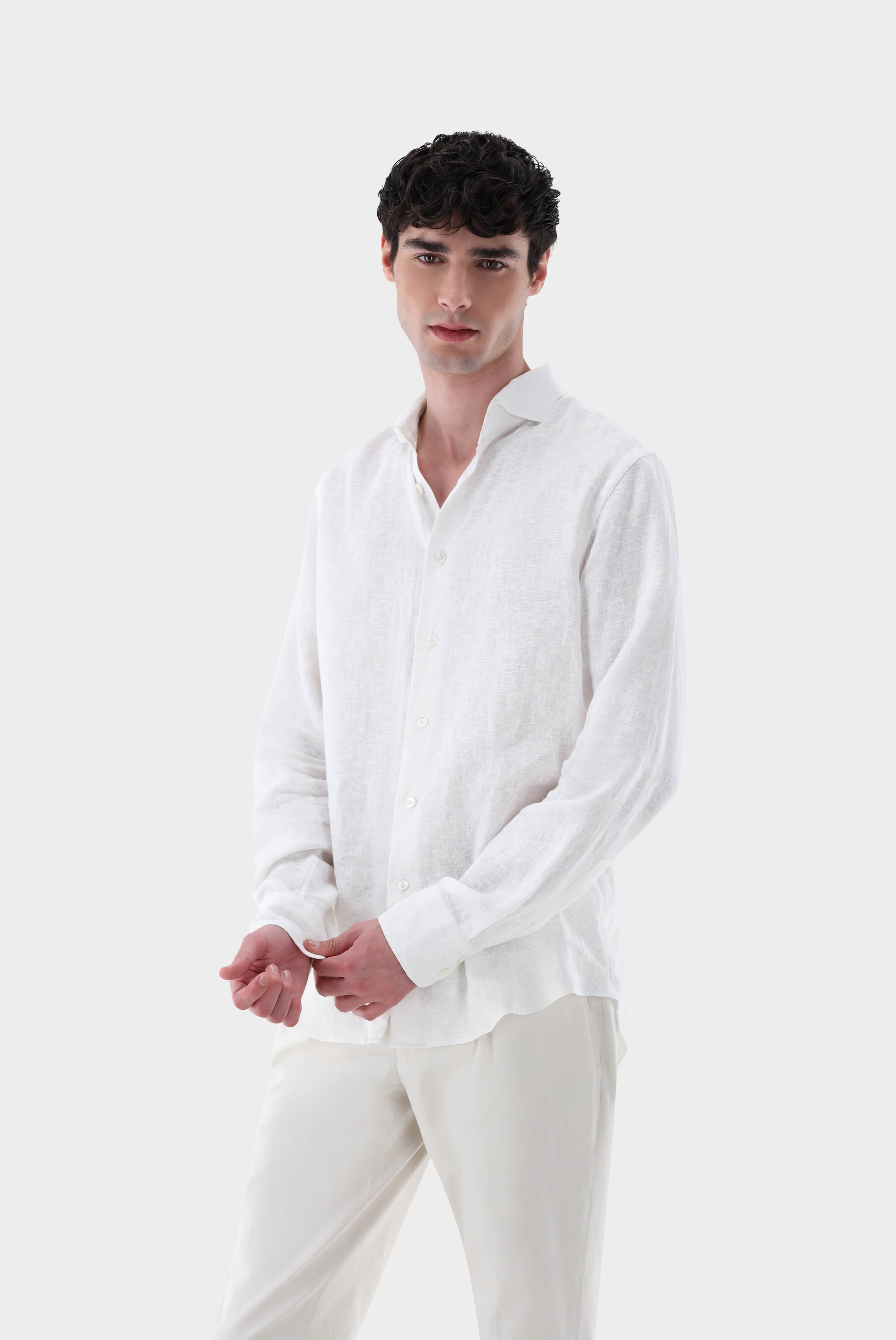 White-on-White Printed Linen Shirt Tailor Fit